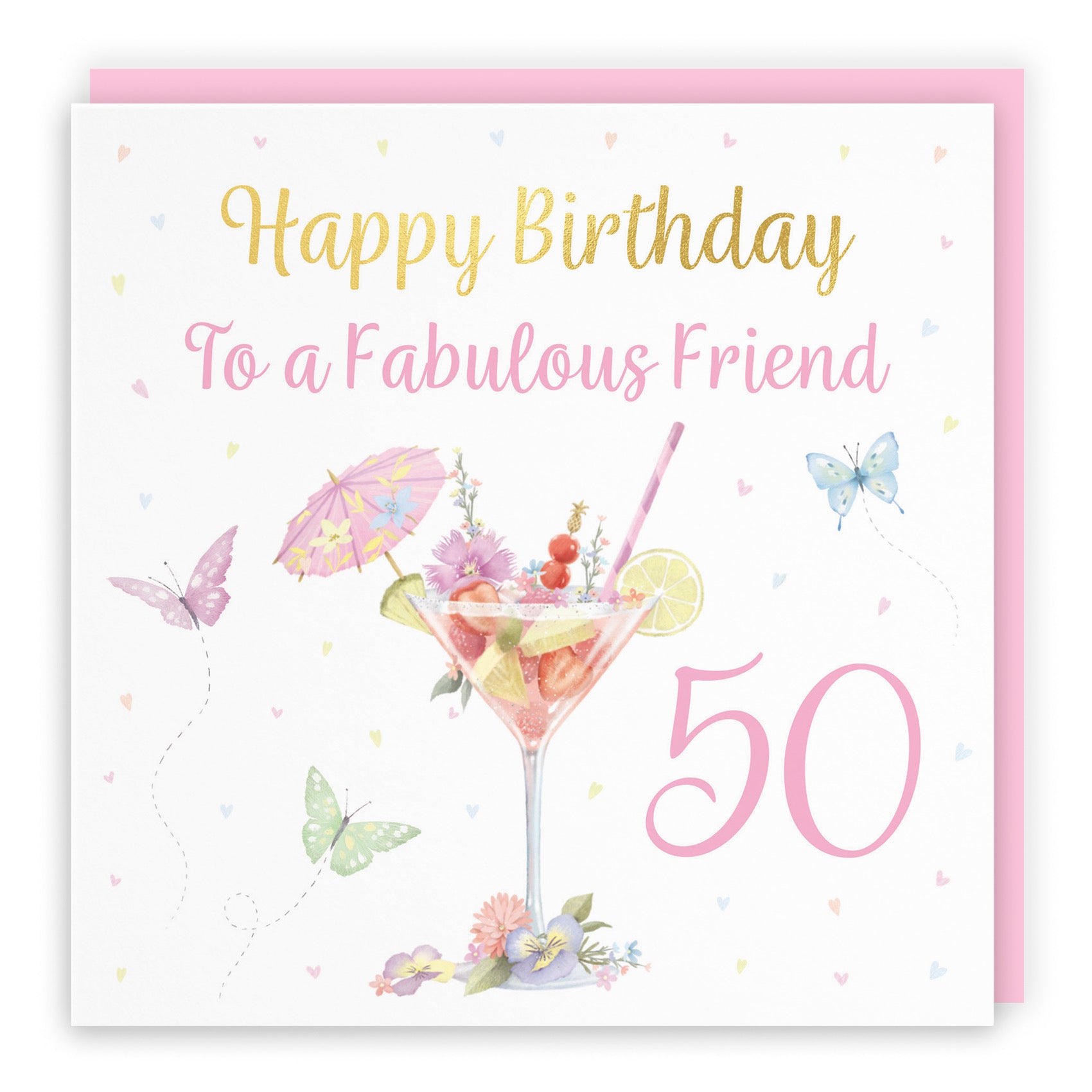 50th Friend Pink Cocktail And Butterflies Birthday Card Gold Foil Milo's Gallery - Default Title (B0CX211BH3)