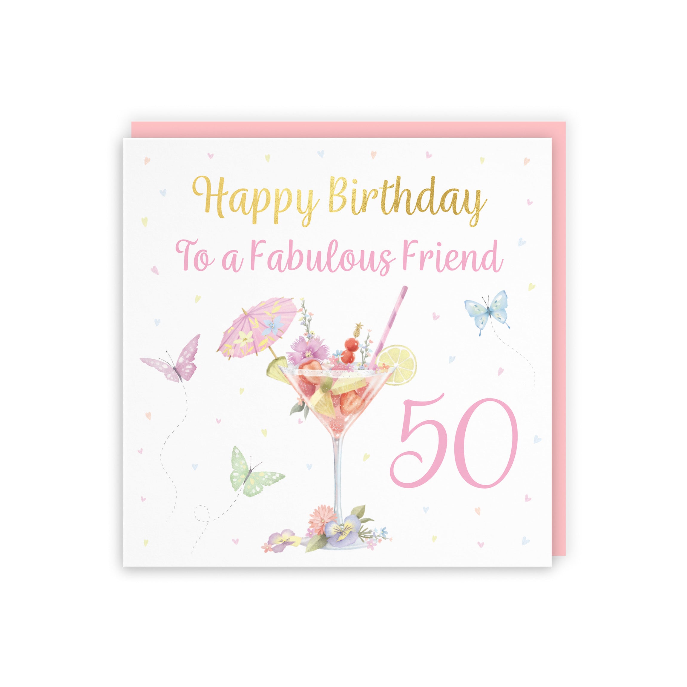 50th Friend Pink Cocktail And Butterflies Birthday Card Gold Foil Milo's Gallery - Default Title (B0CX211BH3)