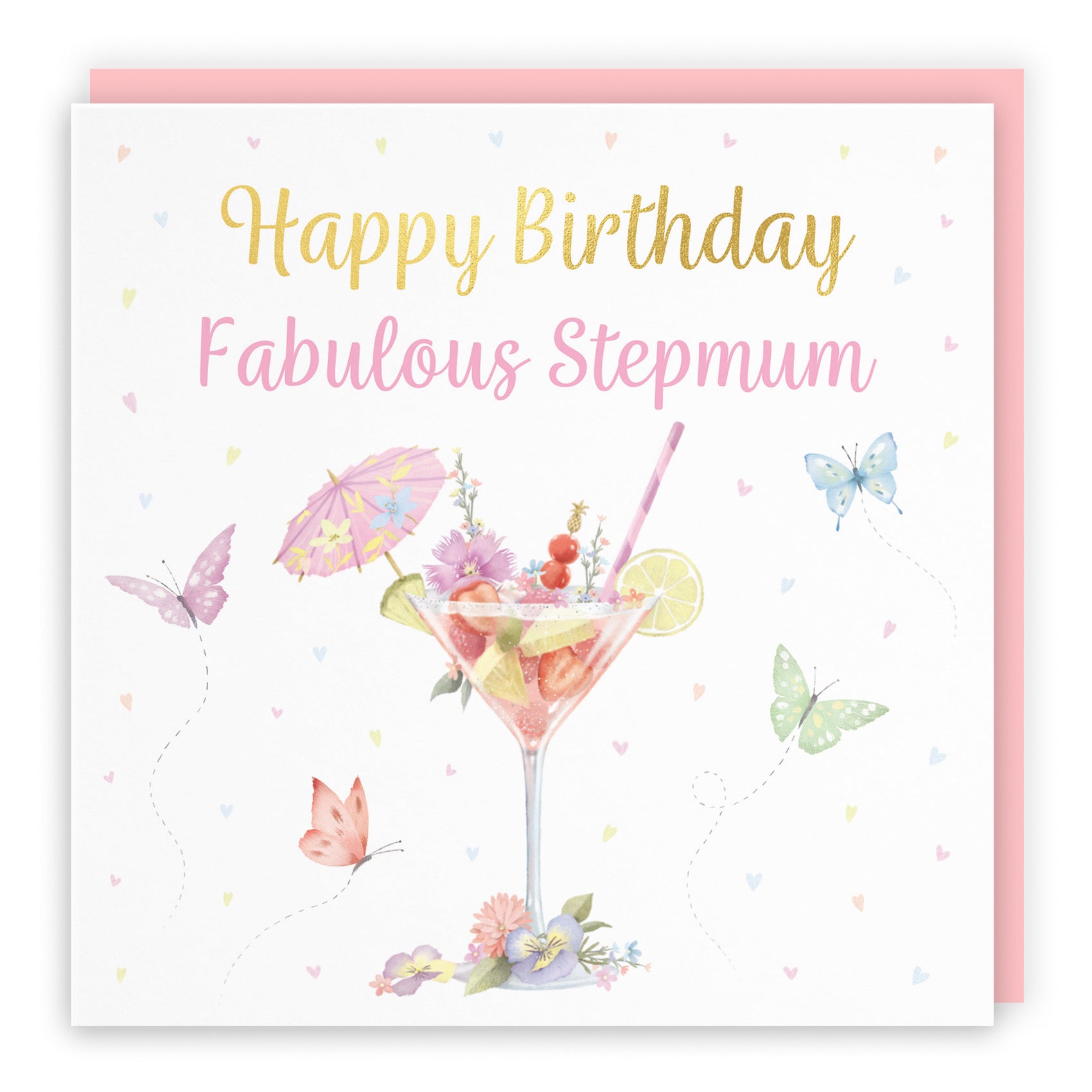 Stepmum Pink Cocktail And Butterflies Birthday Card Gold Foil Milo's Gallery - Default Title (B0CX213NPH)