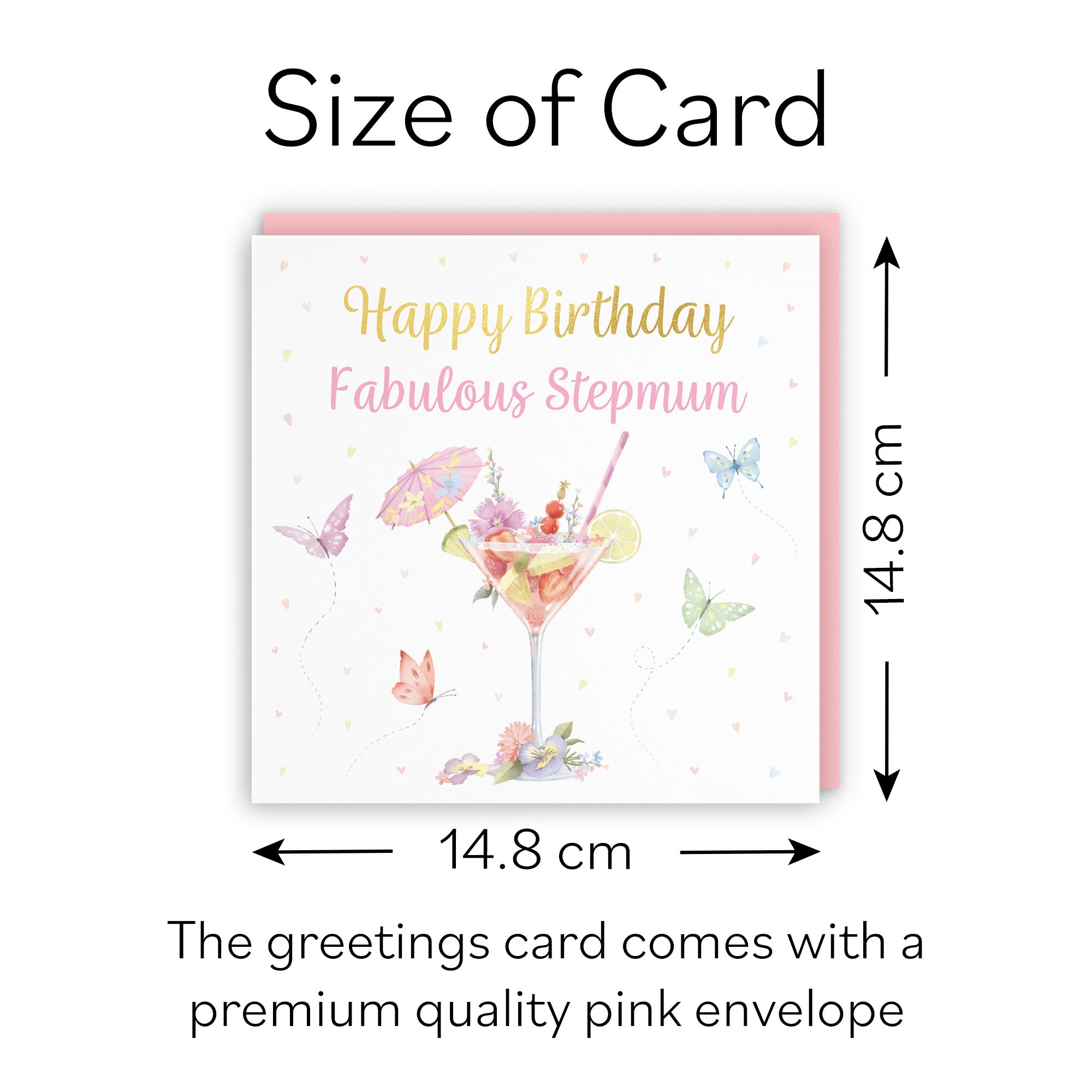 Stepmum Pink Cocktail And Butterflies Birthday Card Gold Foil Milo's Gallery - Default Title (B0CX213NPH)