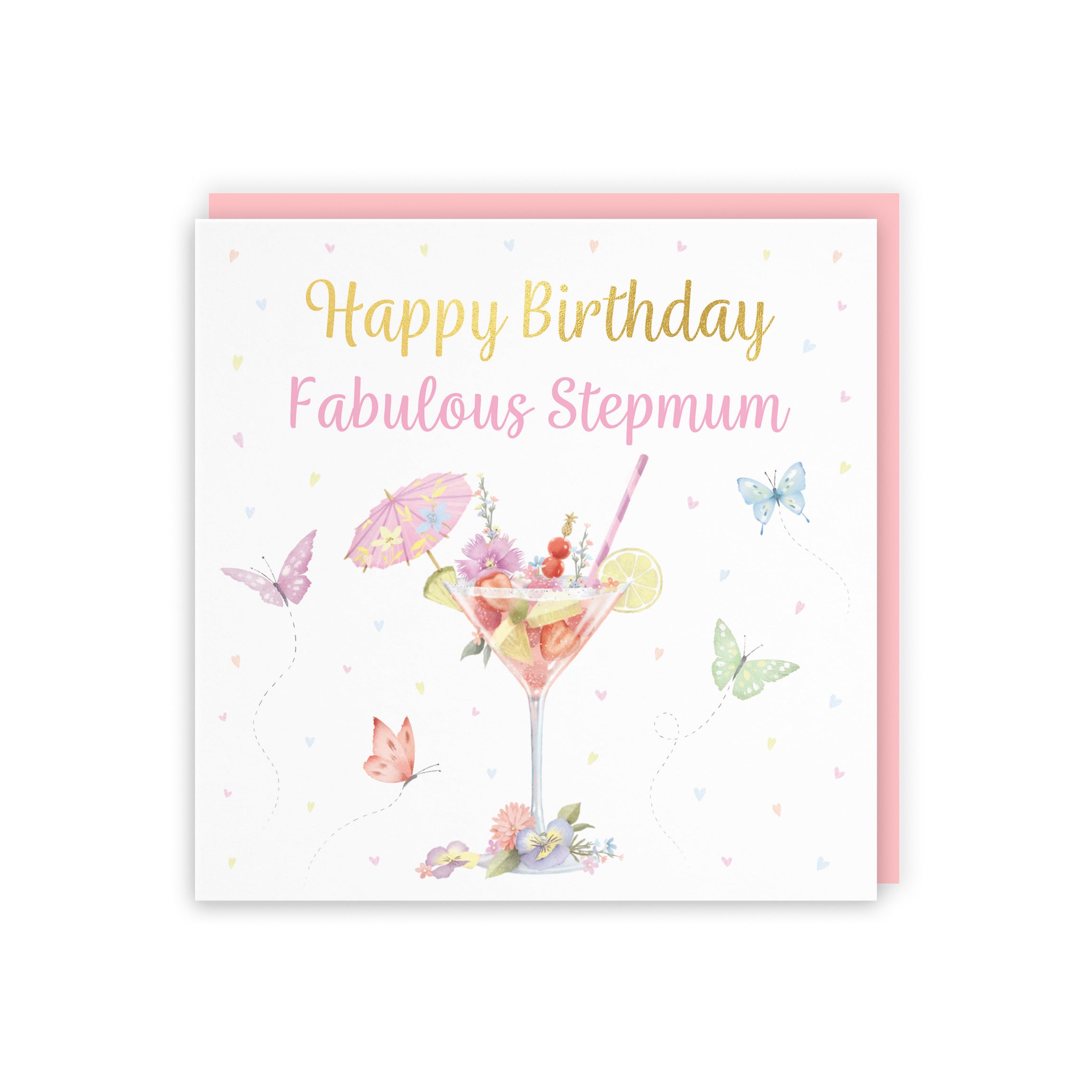 Stepmum Pink Cocktail And Butterflies Birthday Card Gold Foil Milo's Gallery - Default Title (B0CX213NPH)