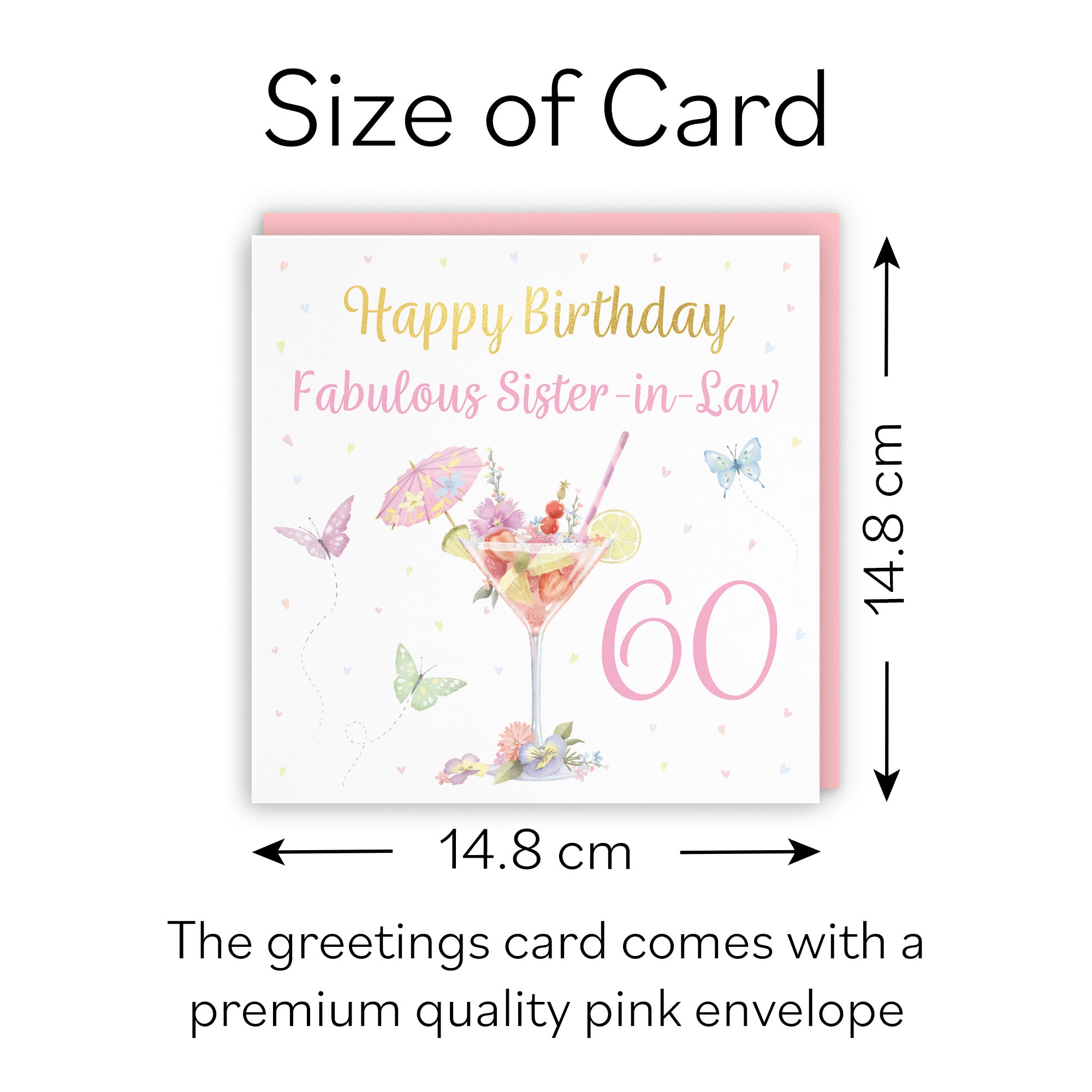 60th Sister In Law Pink Cocktail And Butterflies Birthday Card Gold Foil Milo's Gallery - Default Title (B0CX213VGT)