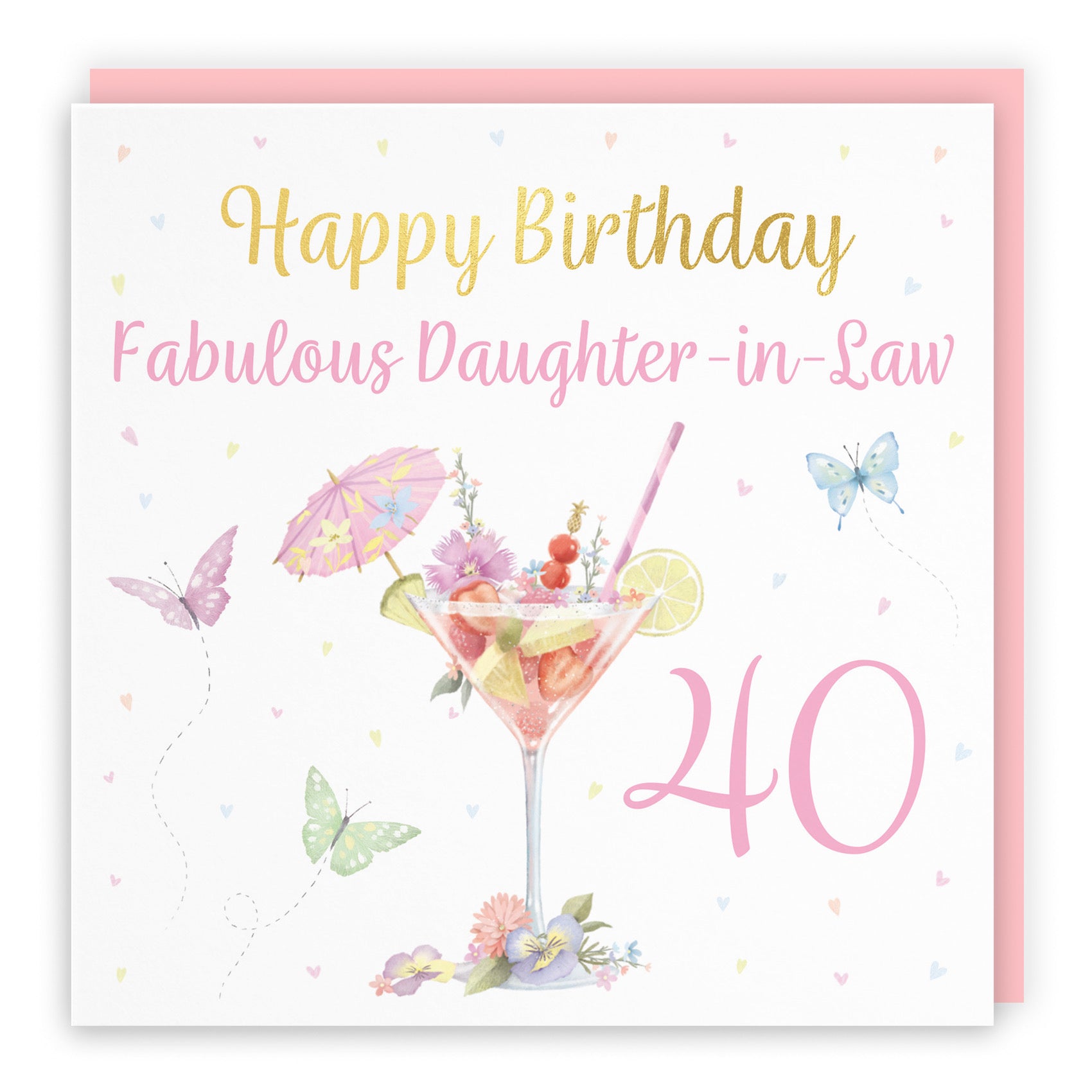 40th Daughter In Law Pink Cocktail And Butterflies Birthday Card Gold Foil Milo's Gallery - Default Title (B0CX216TF9)