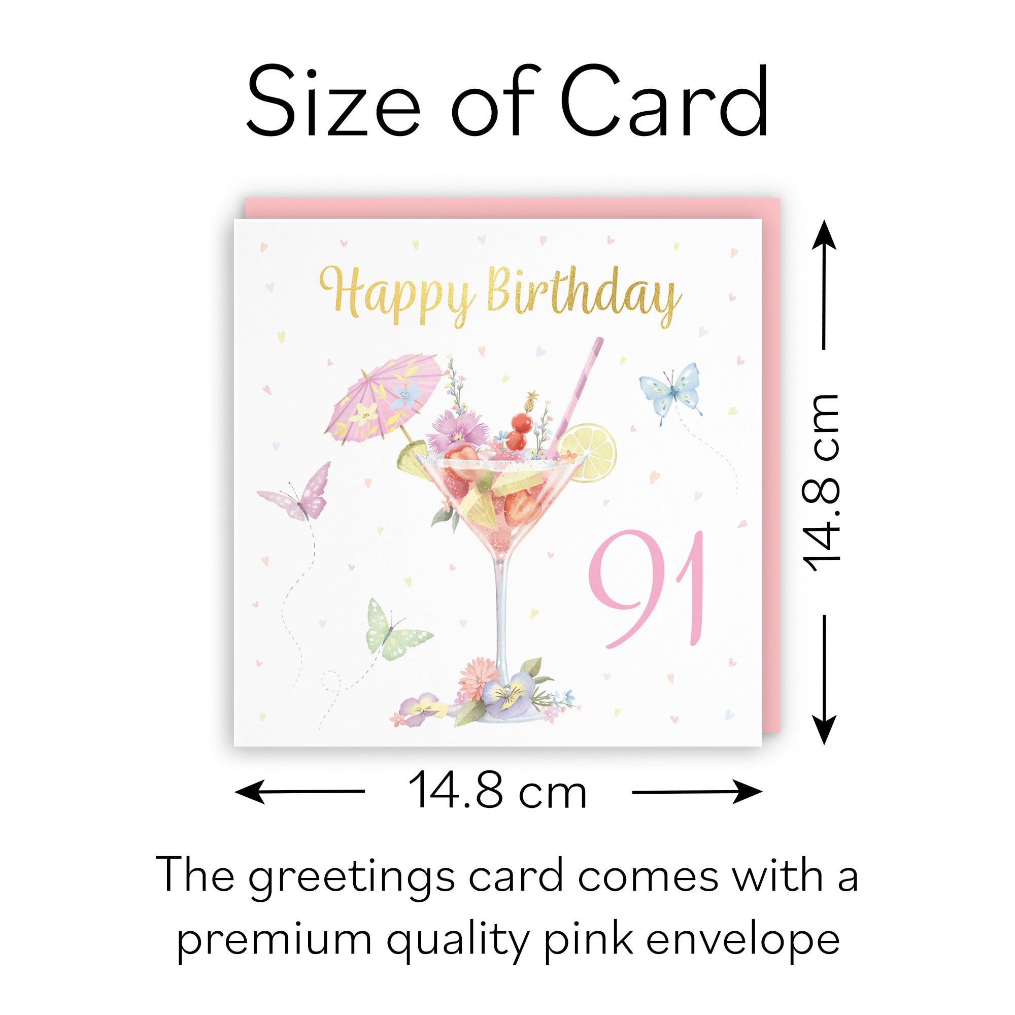 Pink Cocktail And Butterflies 91st Birthday Card Gold Foil Milo's Gallery - Default Title (B0CX217BVZ)