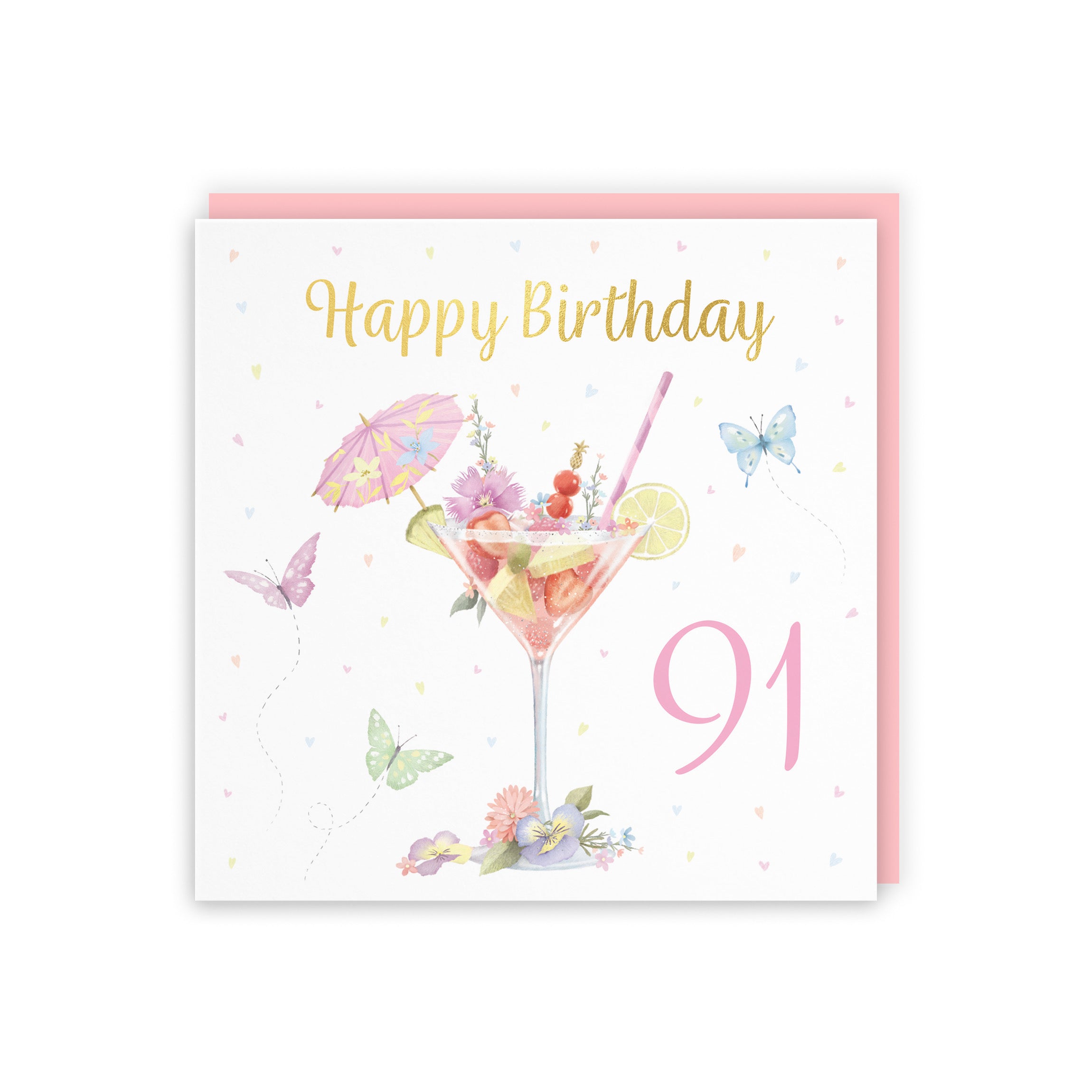 Pink Cocktail And Butterflies 91st Birthday Card Gold Foil Milo's Gallery - Default Title (B0CX217BVZ)