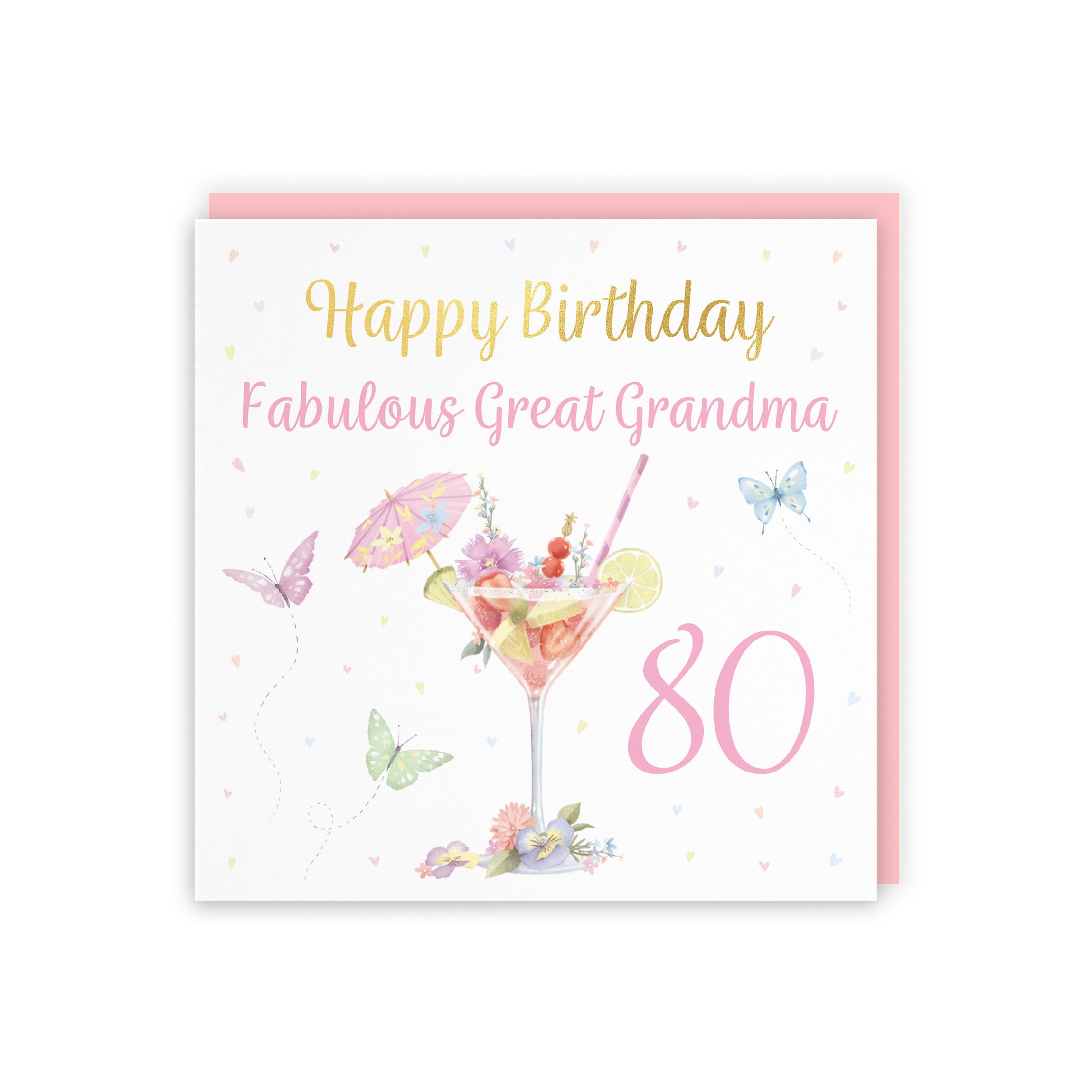 80th Great Grandma Pink Cocktail And Butterflies Birthday Card Gold Foil Milo's Gallery - Default Title (B0CX21CBSL)