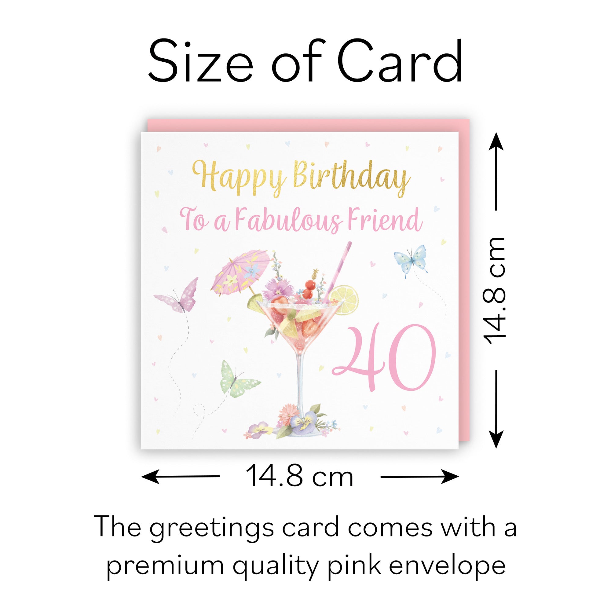 40th Friend Pink Cocktail And Butterflies Birthday Card Gold Foil Milo's Gallery - Default Title (B0CX21F1NF)