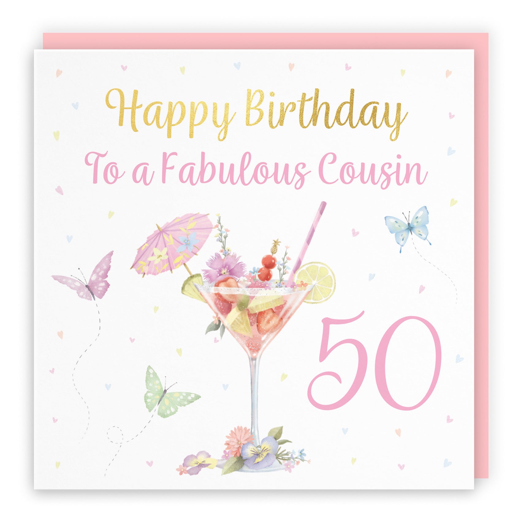 50th Female Cousin Pink Cocktail And Butterflies Birthday Card Gold Foil Milo's Gallery - Default Title (B0CX21F5JF)