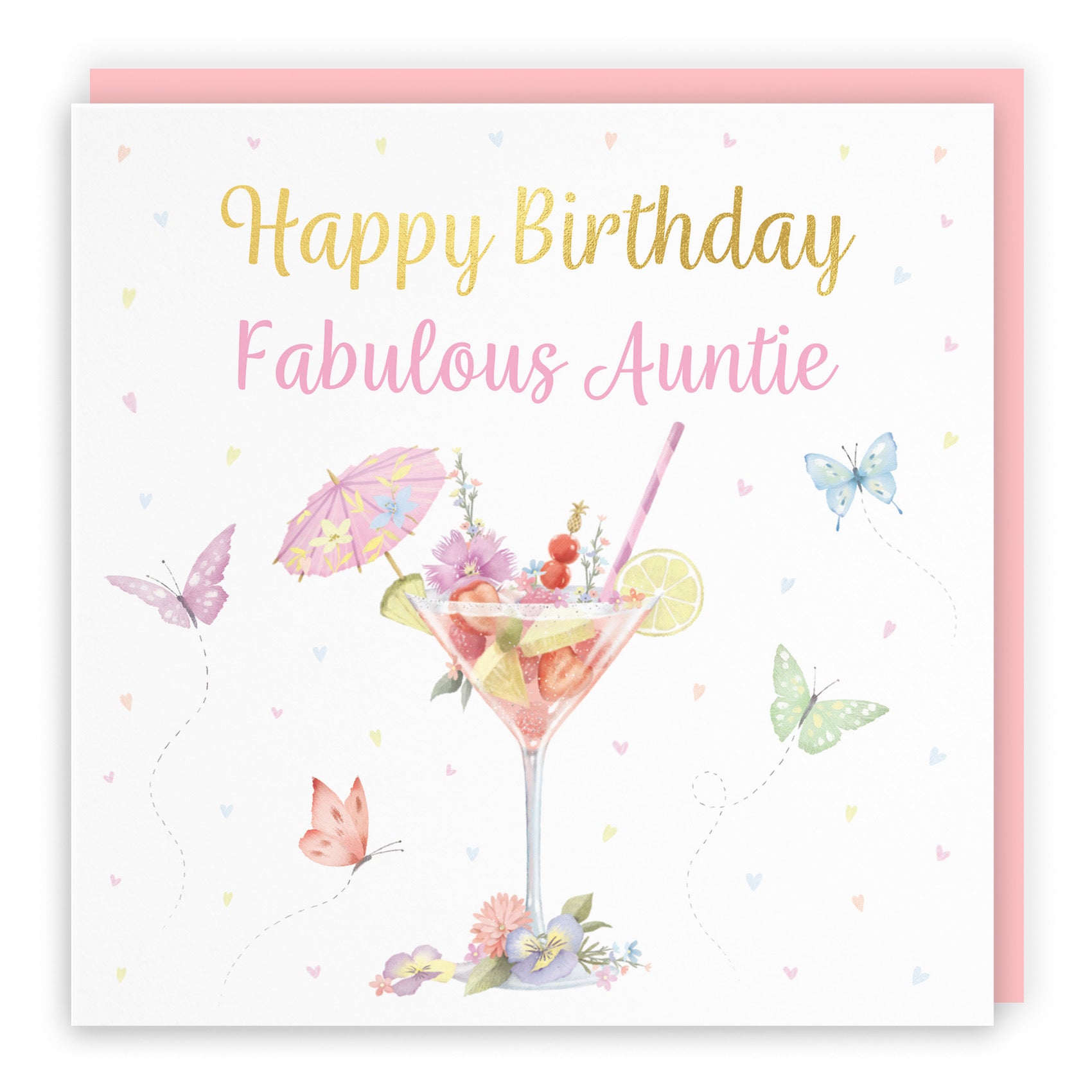 Auntie Pink Cocktail And Butterflies Birthday Card Gold Foil Milo's Gallery - Default Title (B0CX21FHNP)