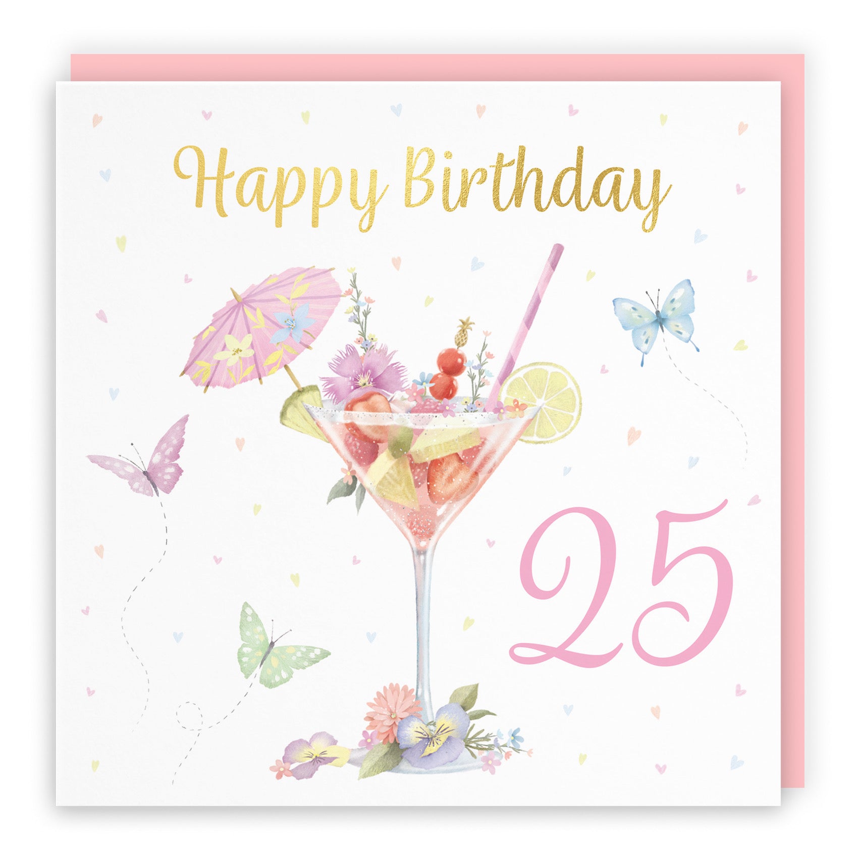 Pink Cocktail And Butterflies 25th Birthday Card Gold Foil Milo's Gallery - Default Title (B0CX21NKPH)