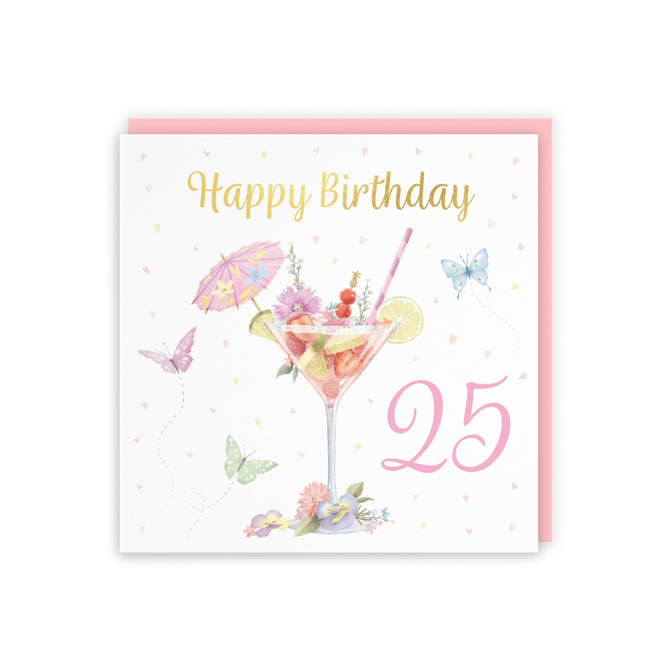 Pink Cocktail And Butterflies 25th Birthday Card Gold Foil Milo's Gallery - Default Title (B0CX21NKPH)