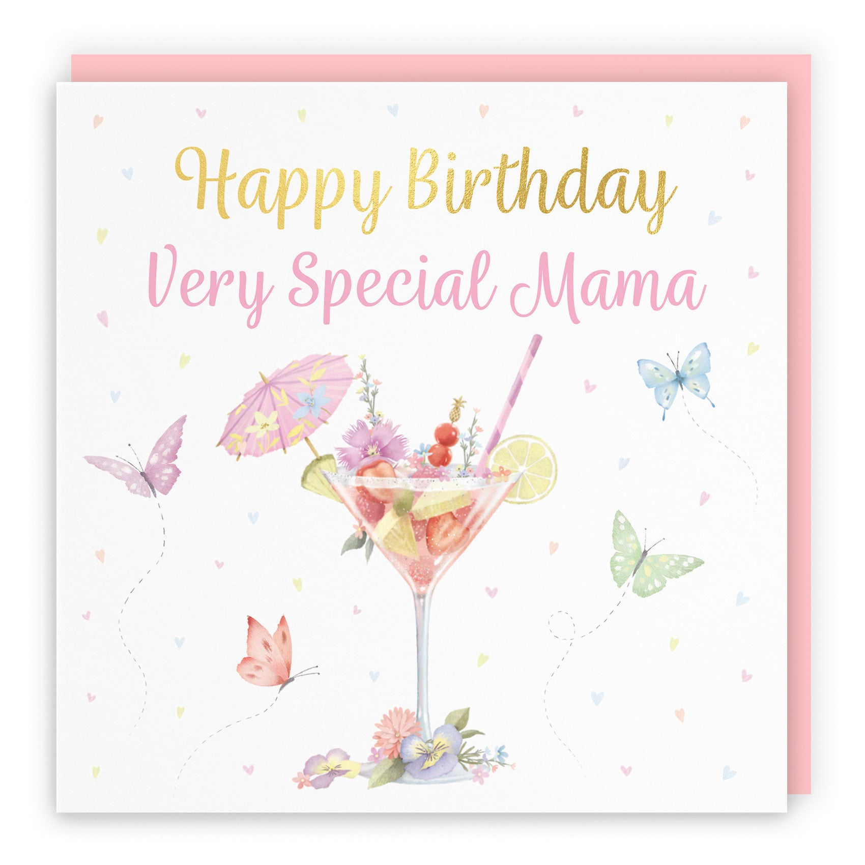 Mama Pink Cocktail And Butterflies Birthday Card Gold Foil Milo's Gallery - Default Title (B0CX21P67N)