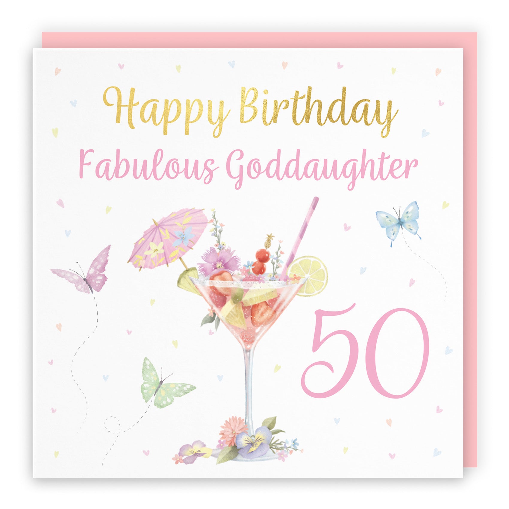 50th Goddaughter Pink Cocktail And Butterflies Birthday Card Gold Foil Milo's Gallery - Default Title (B0CX21S284)