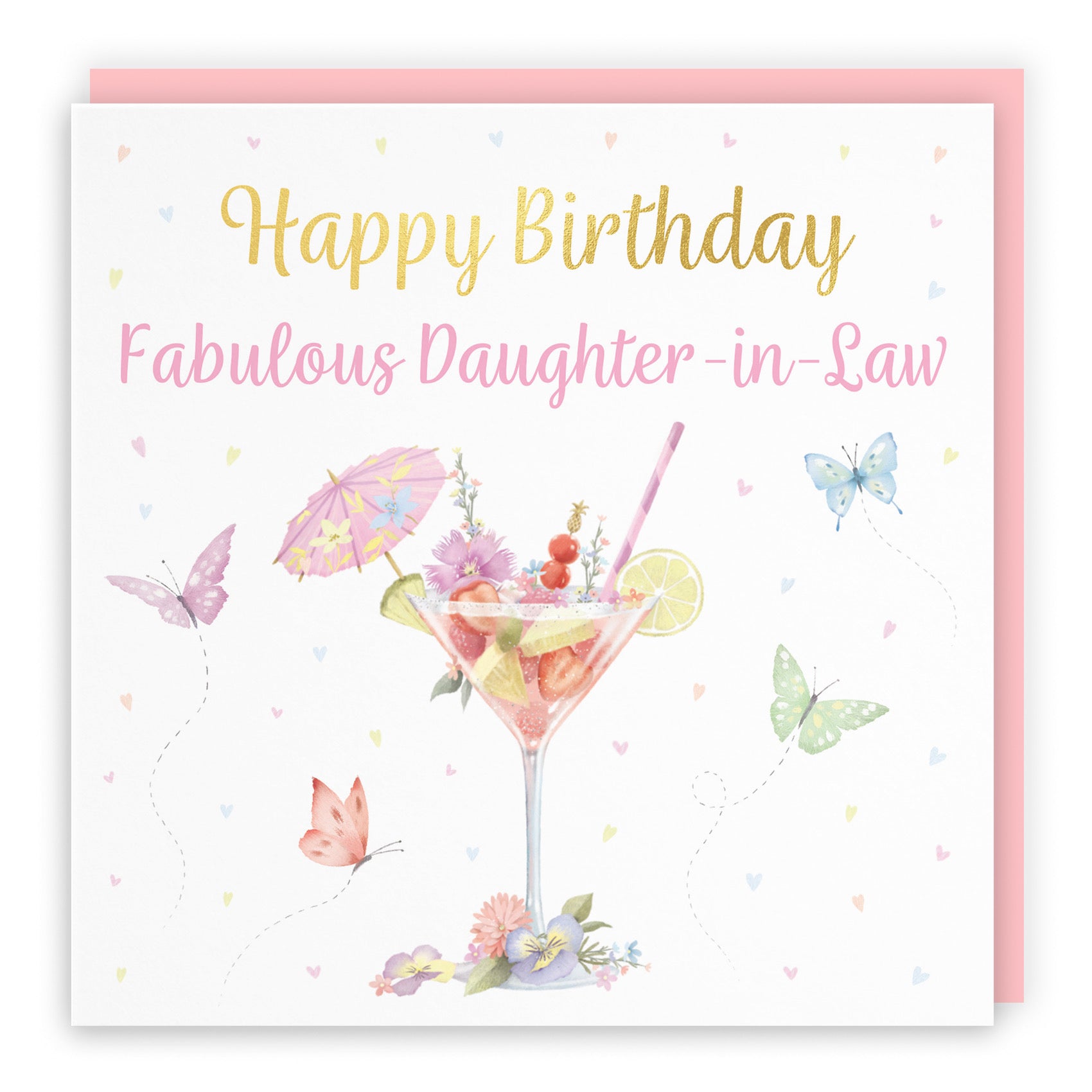 Daughter In Law Pink Cocktail And Butterflies Birthday Card Gold Foil Milo's Gallery - Default Title (B0CX21SYGL)