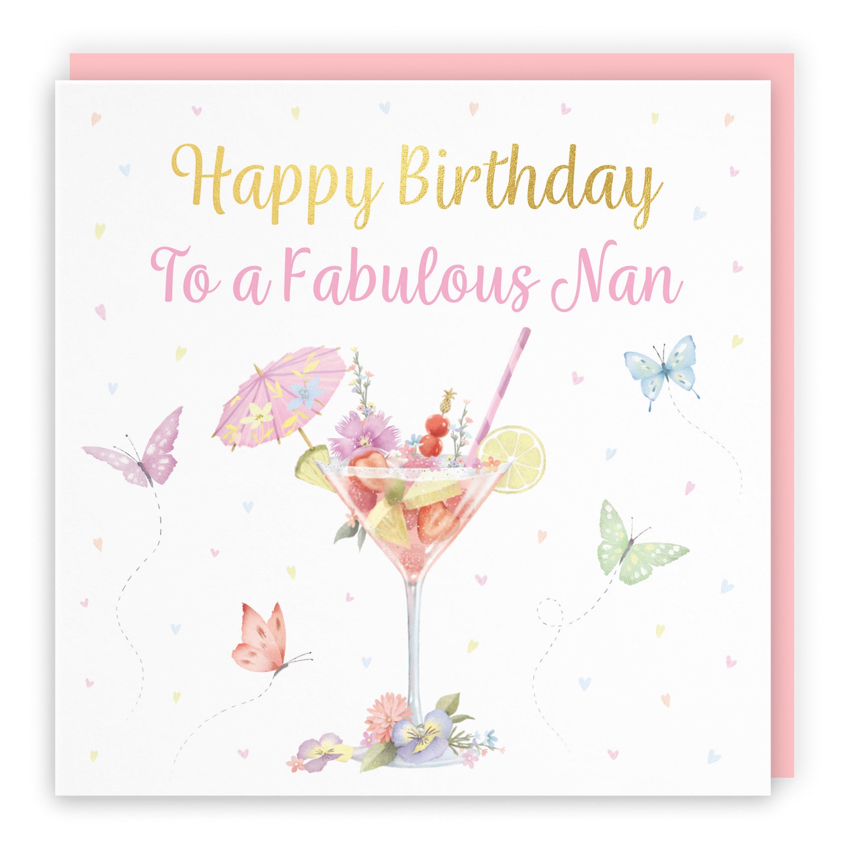 Nan Pink Cocktail And Butterflies Birthday Card Gold Foil Milo's Gallery - Default Title (B0CX21T1NP)