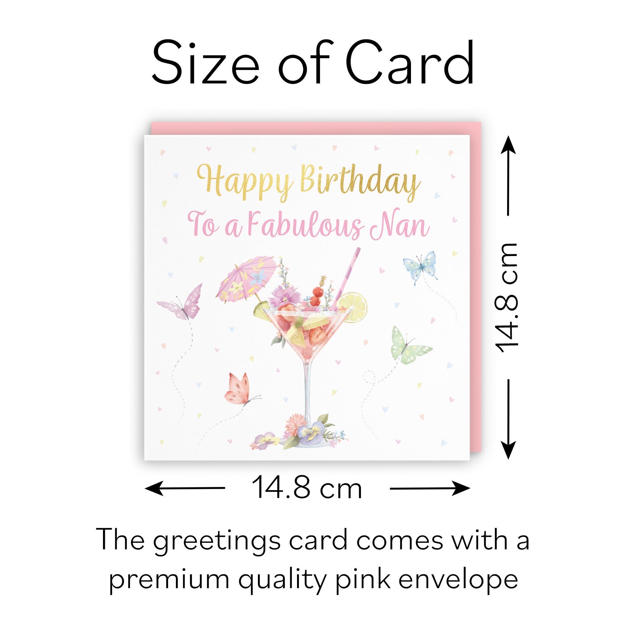 Nan Pink Cocktail And Butterflies Birthday Card Gold Foil Milo's Gallery - Default Title (B0CX21T1NP)