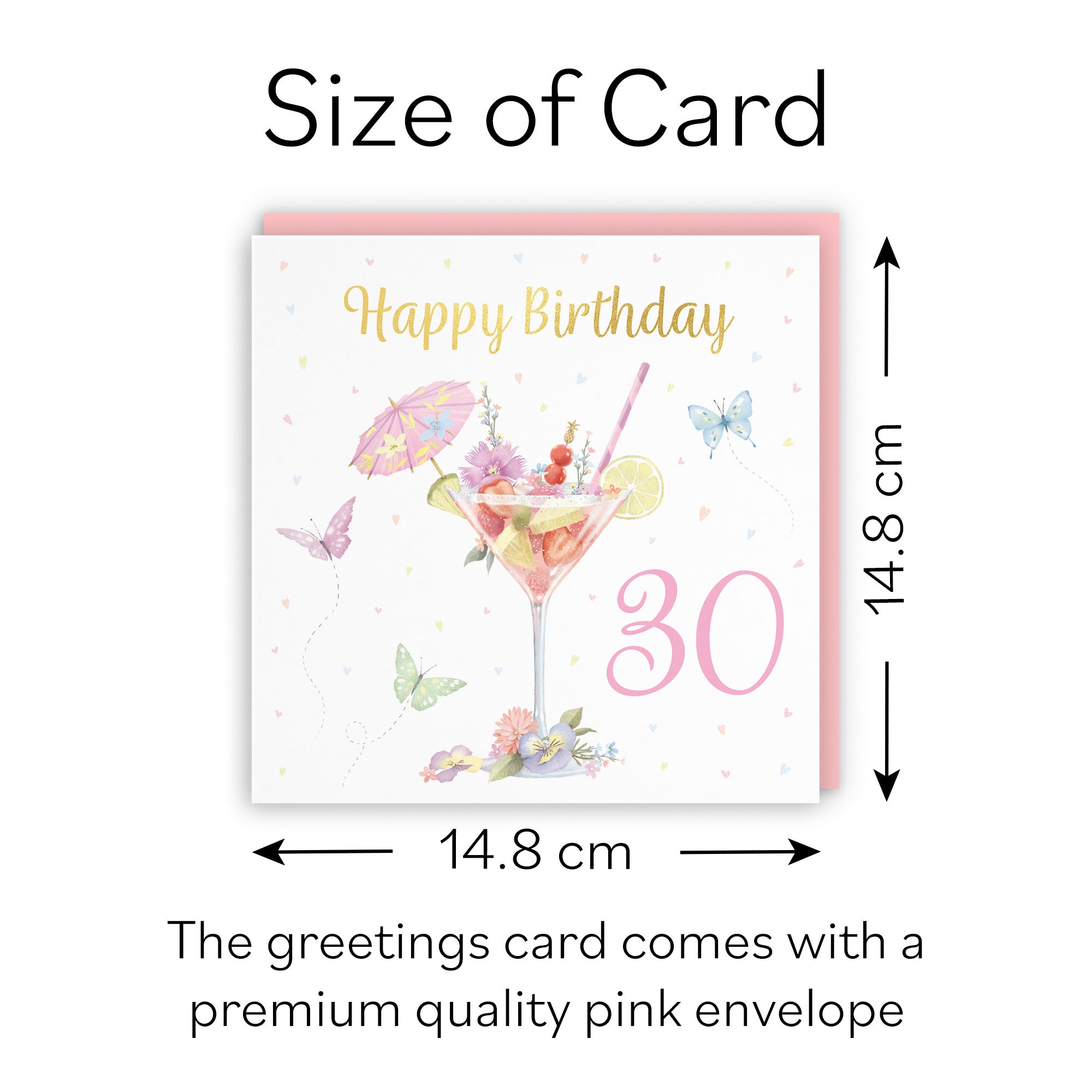 Pink Cocktail And Butterflies 30th Birthday Card Gold Foil Milo's Gallery - Default Title (B0CX21T4R6)