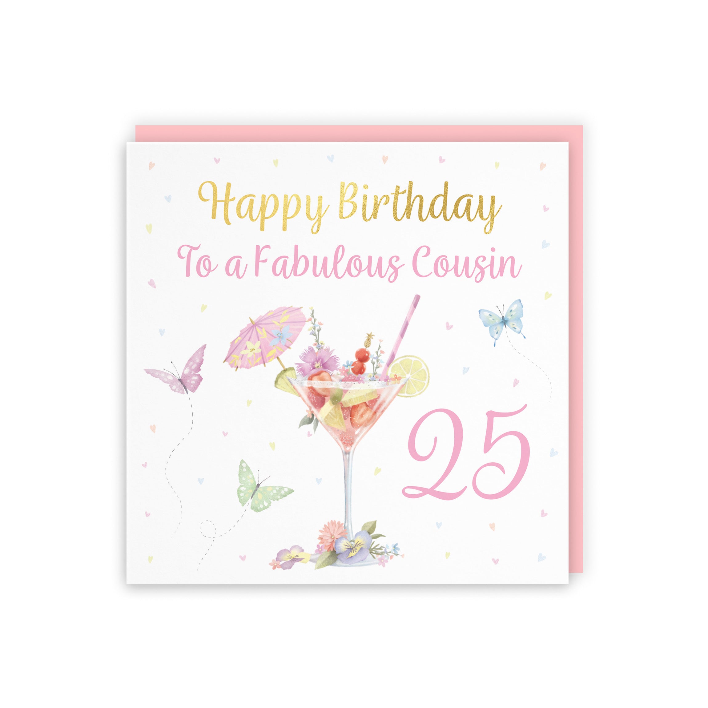 25th Female Cousin Pink Cocktail And Butterflies Birthday Card Gold Foil Milo's Gallery - Default Title (B0CX21WRFS)