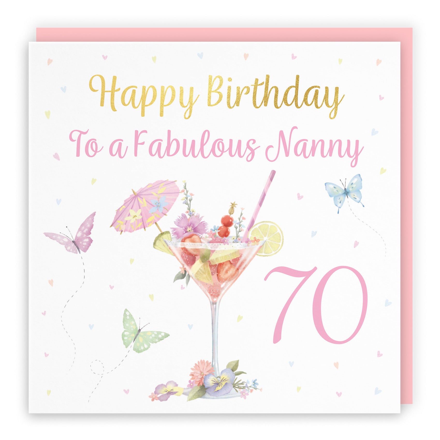 70th Nanny Pink Cocktail And Butterflies Birthday Card Gold Foil Milo's Gallery - Default Title (B0CX21Z237)