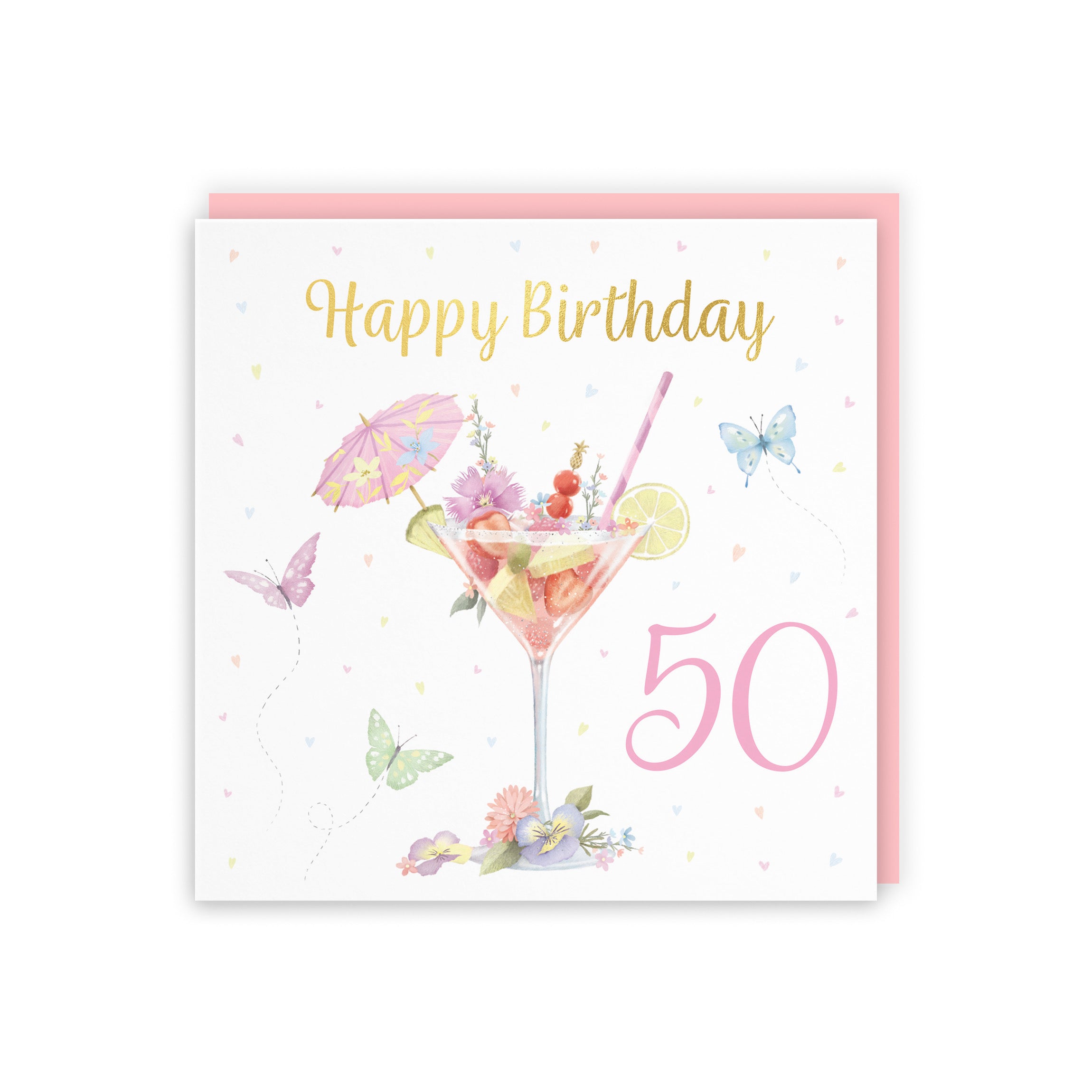 Pink Cocktail And Butterflies 50th Birthday Card Gold Foil Milo's Gallery - Default Title (B0CX221GH8)