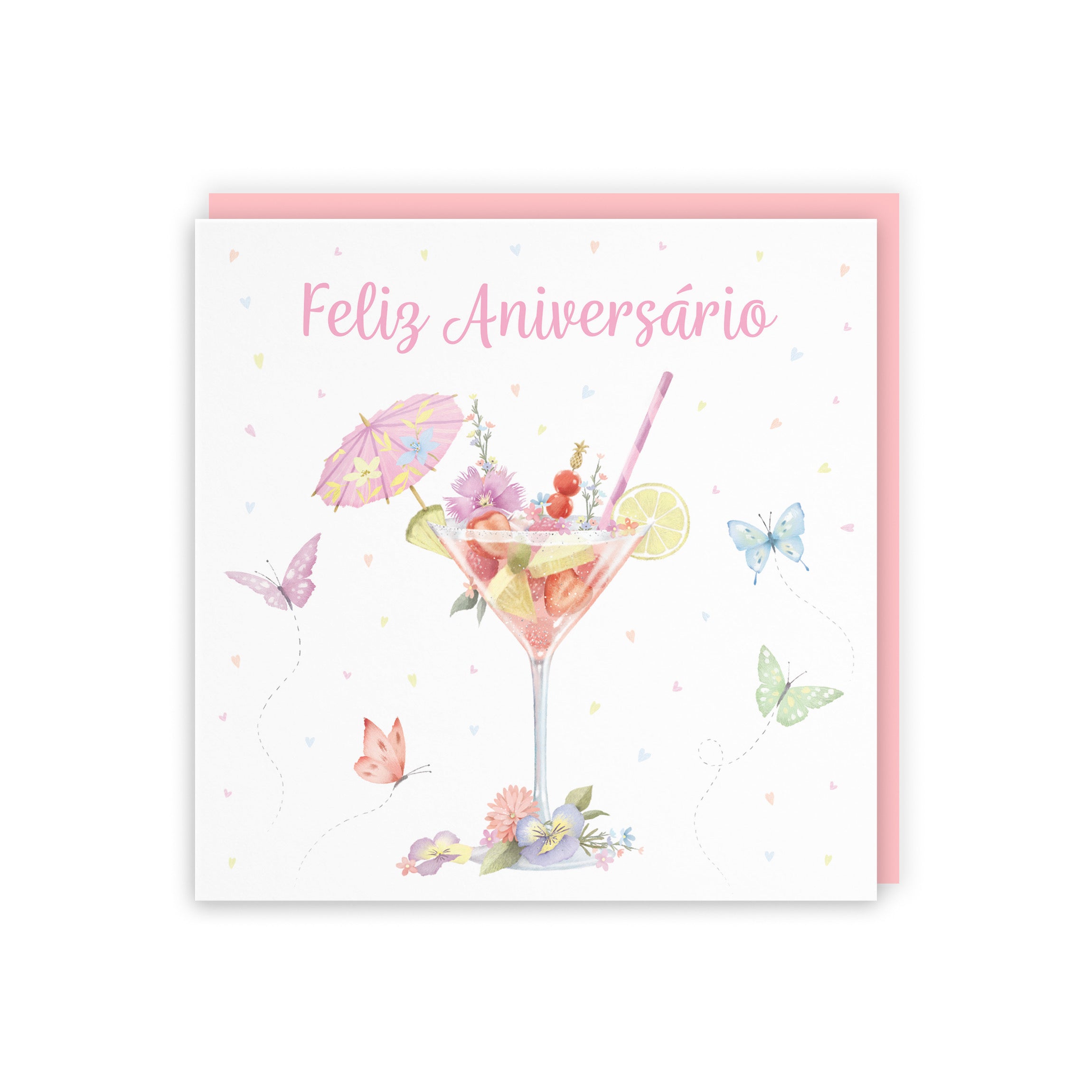 Pink Cocktail And Butterflies Portuguese Birthday Card Milo's Gallery - Default Title (B0CX221RL8)