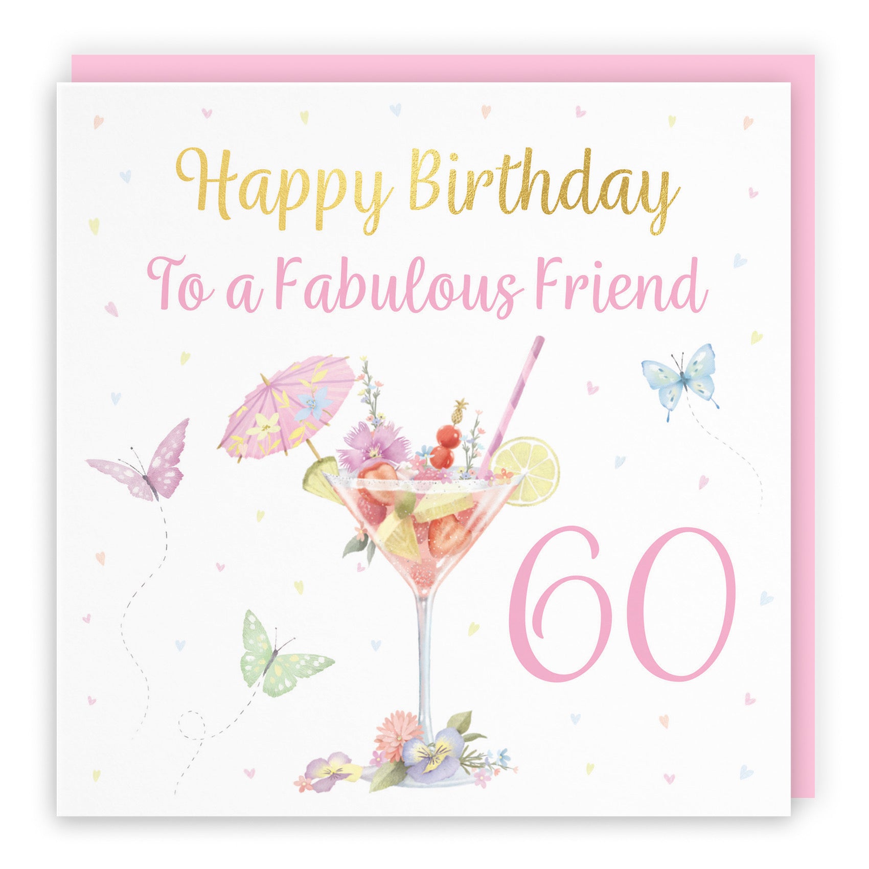 60th Friend Pink Cocktail And Butterflies Birthday Card Gold Foil Milo's Gallery - Default Title (B0CX2225F7)