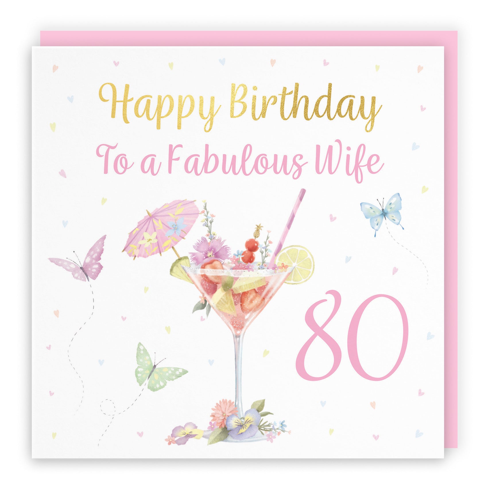 80th Wife Pink Cocktail And Butterflies Birthday Card Gold Foil Milo's Gallery - Default Title (B0CX2232CJ)