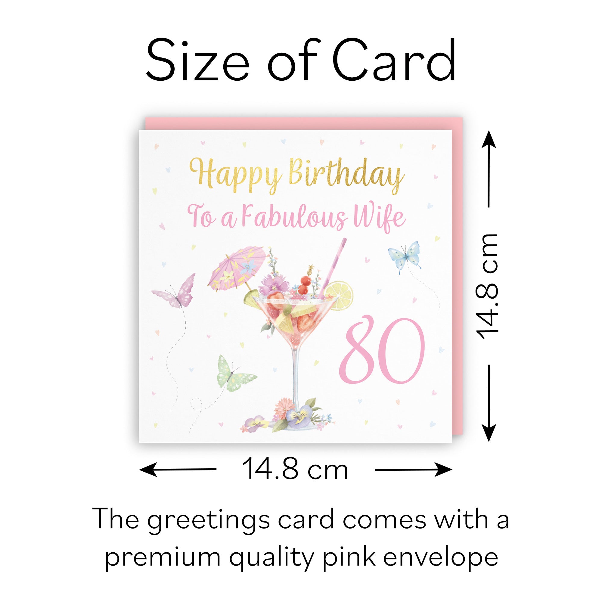 80th Wife Pink Cocktail And Butterflies Birthday Card Gold Foil Milo's Gallery - Default Title (B0CX2232CJ)