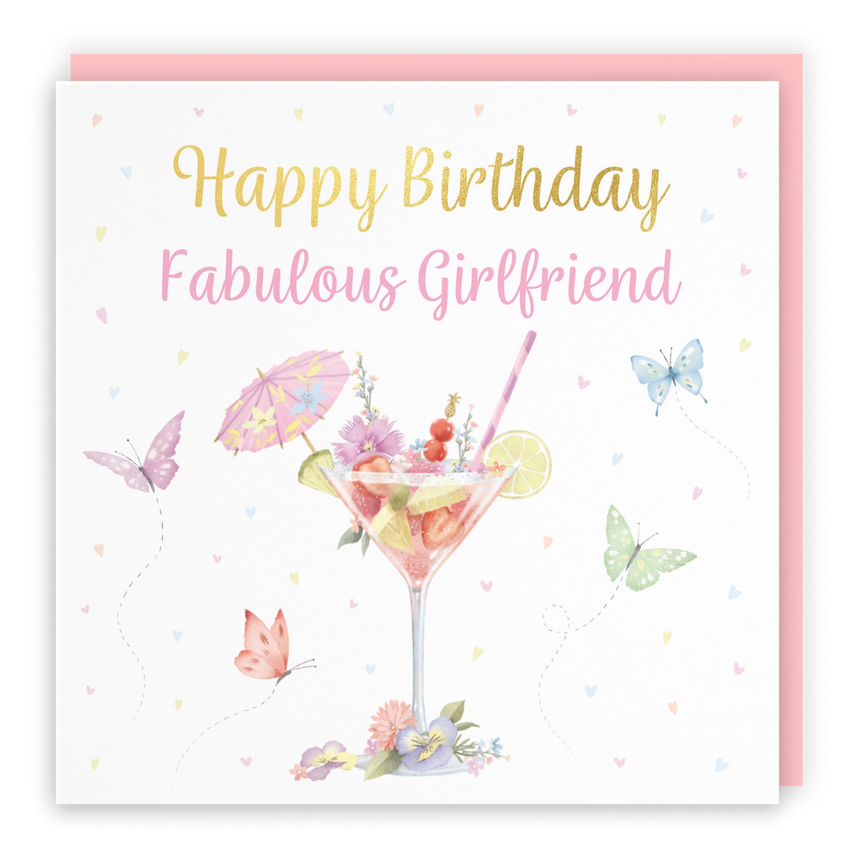 Girlfriend Pink Cocktail And Butterflies Birthday Card Gold Foil Milo's Gallery - Default Title (B0CX223XYZ)