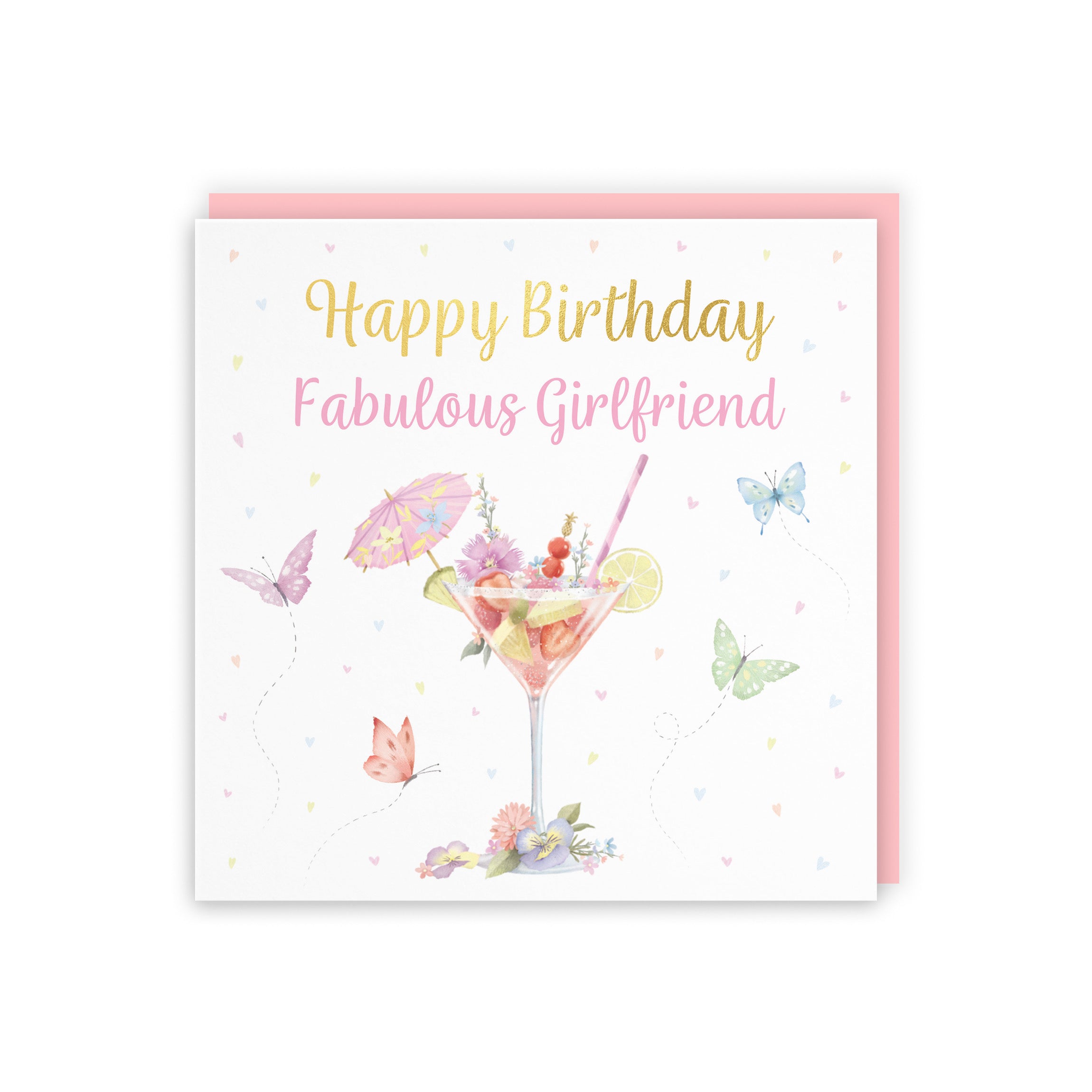 Girlfriend Pink Cocktail And Butterflies Birthday Card Gold Foil Milo's Gallery - Default Title (B0CX223XYZ)