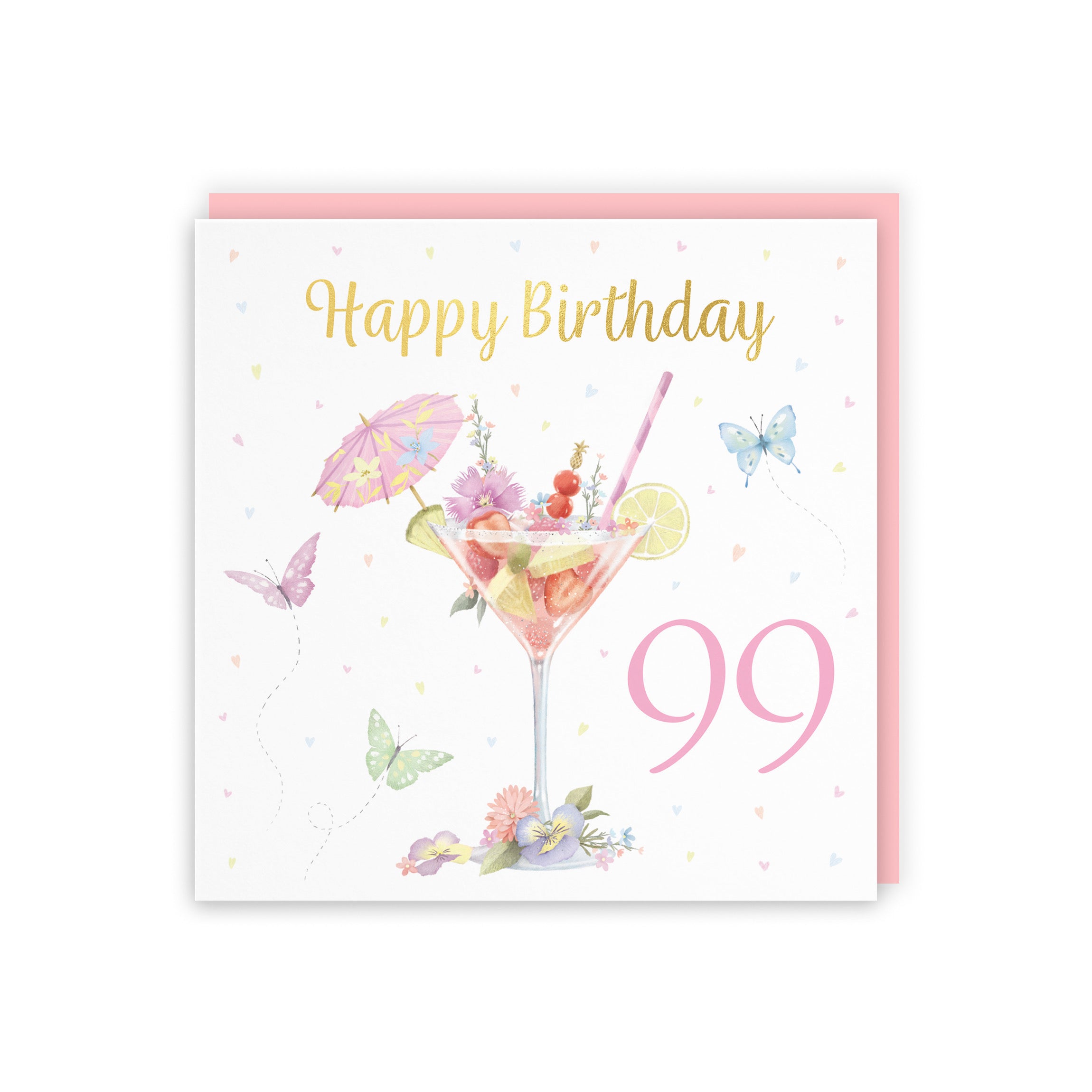 Pink Cocktail And Butterflies 99th Birthday Card Gold Foil Milo's Gallery - Default Title (B0CX2249BZ)