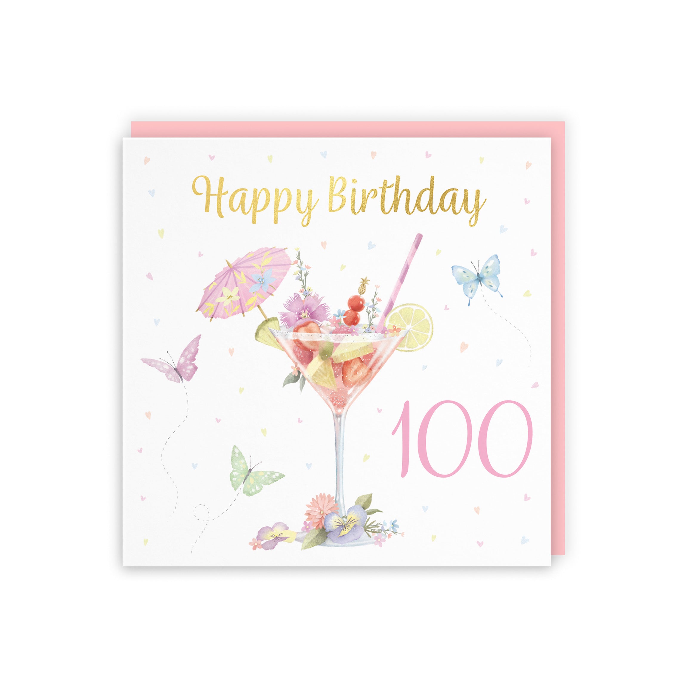 Pink Cocktail And Butterflies 100th Birthday Card Gold Foil Milo's Gallery - Default Title (B0CX226Y31)