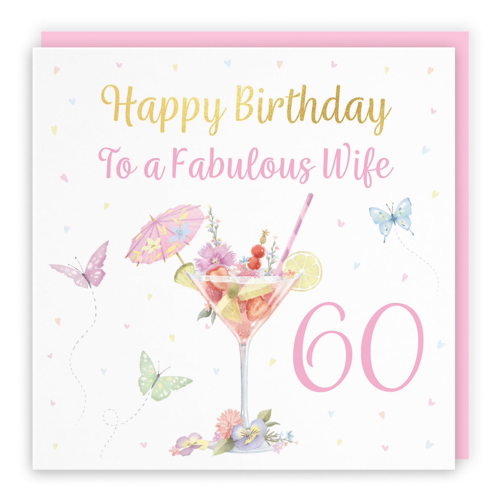 60th Wife Pink Cocktail And Butterflies Birthday Card Gold Foil Milo's Gallery - Default Title (B0CX226ZV3)