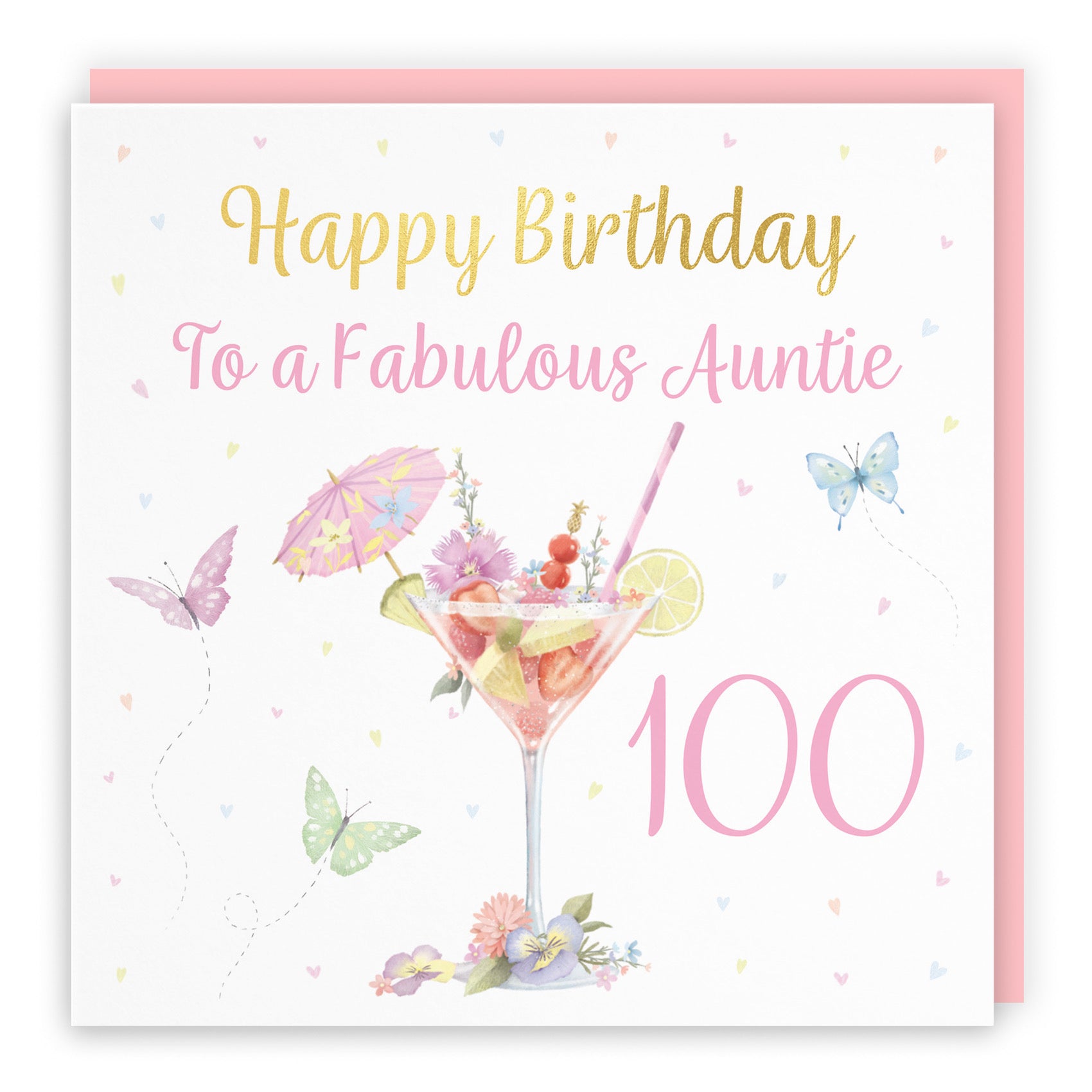 100th Auntie Pink Cocktail And Butterflies Birthday Card Gold Foil Milo's Gallery - Default Title (B0CX228NKZ)