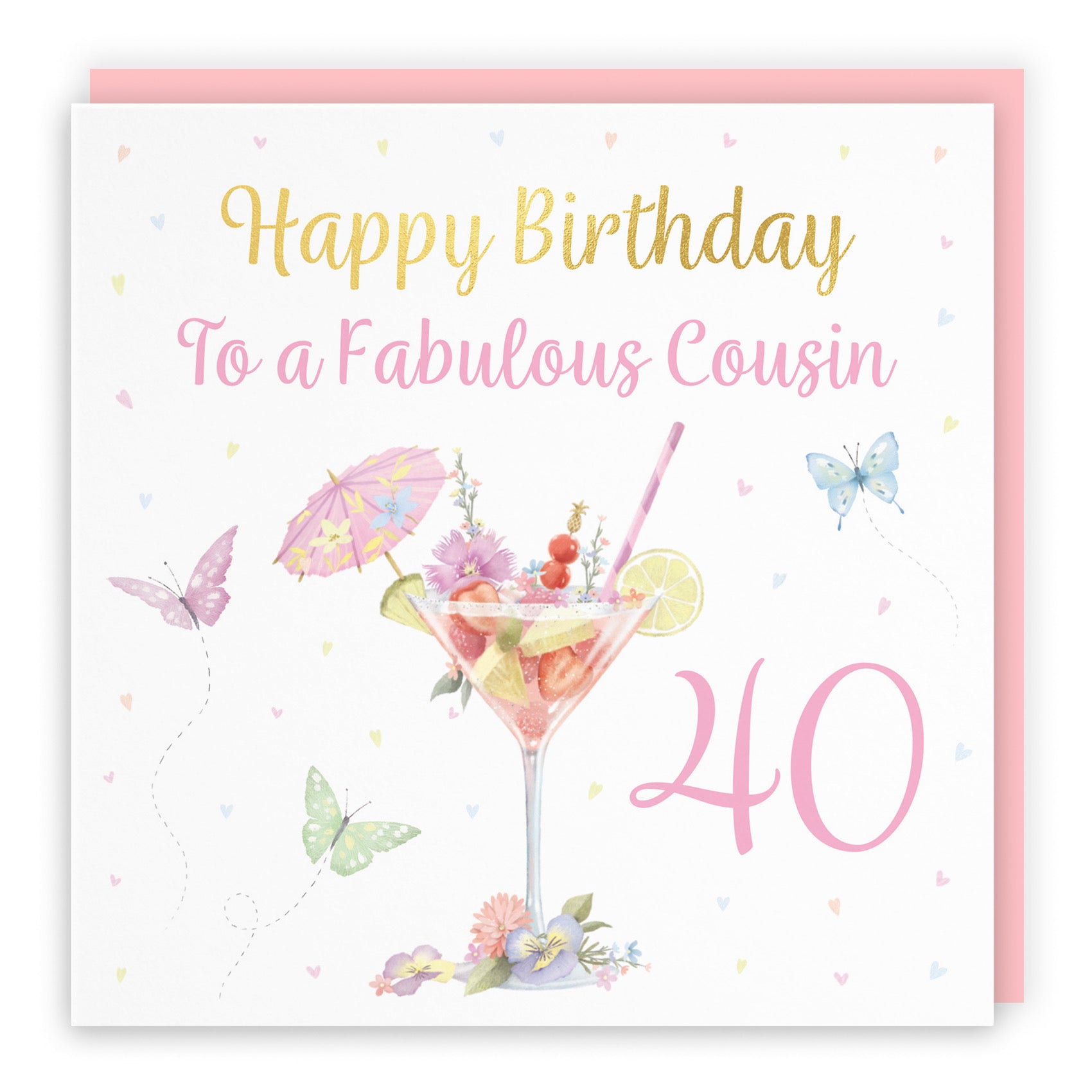 40th Female Cousin Pink Cocktail And Butterflies Birthday Card Gold Foil Milo's Gallery - Default Title (B0CX228SLG)