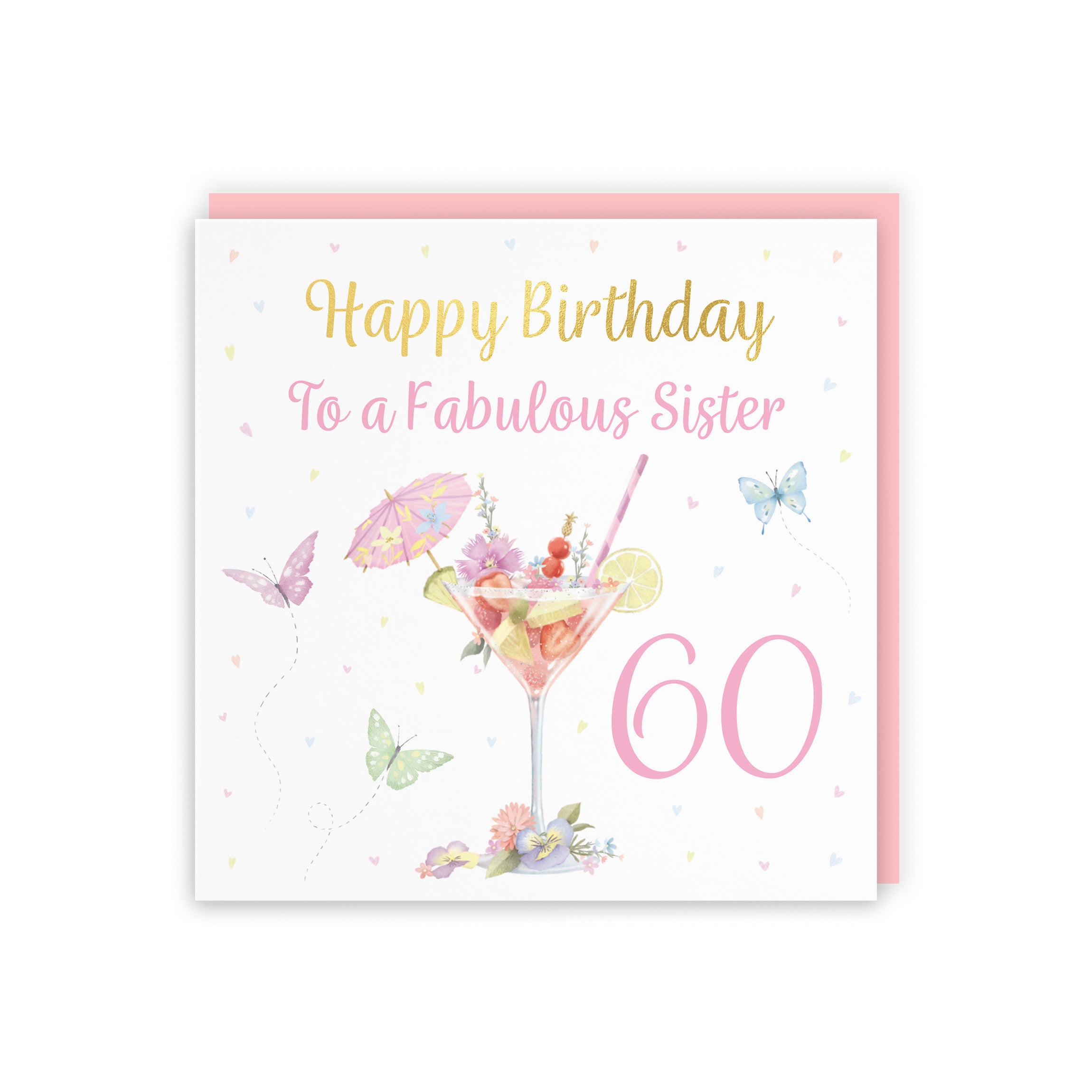 60th Sister Pink Cocktail And Butterflies Birthday Card Gold Foil Milo's Gallery - Default Title (B0CX229DXR)