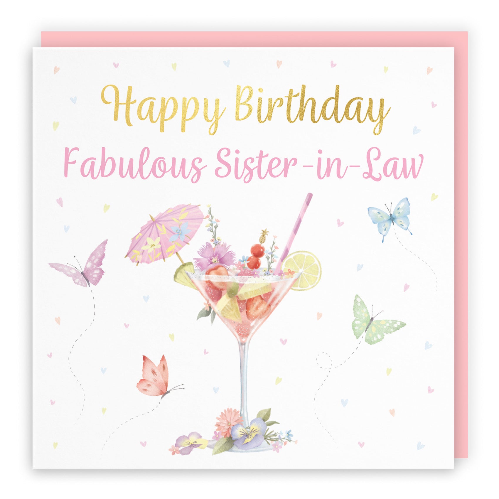 Sister In Law Pink Cocktail And Butterflies Birthday Card Gold Foil Milo's Gallery - Default Title (B0CX22GXXN)