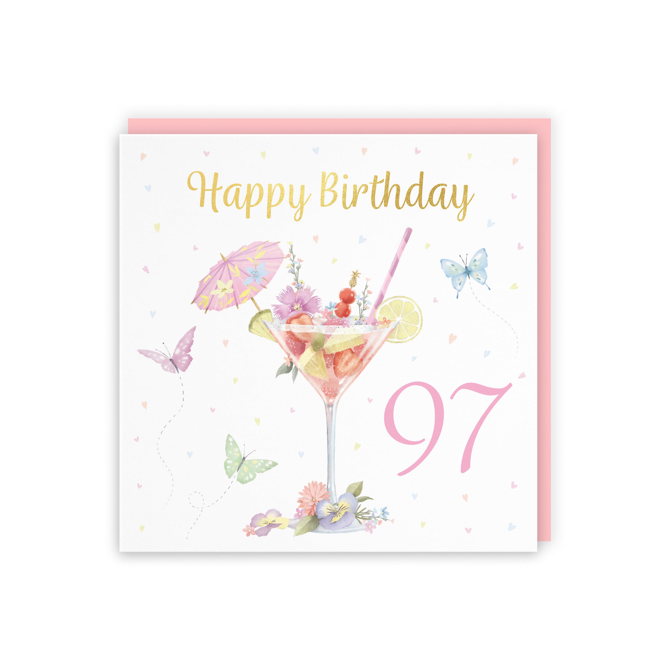 Pink Cocktail And Butterflies 97th Birthday Card Gold Foil Milo's Gallery - Default Title (B0CX22J1C1)