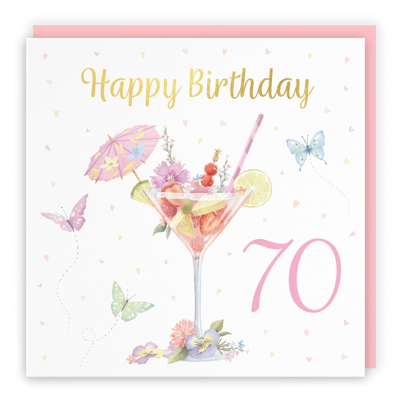 Pink Cocktail And Butterflies 70th Birthday Card Gold Foil Milo's Gallery - Default Title (B0CX22K5XR)