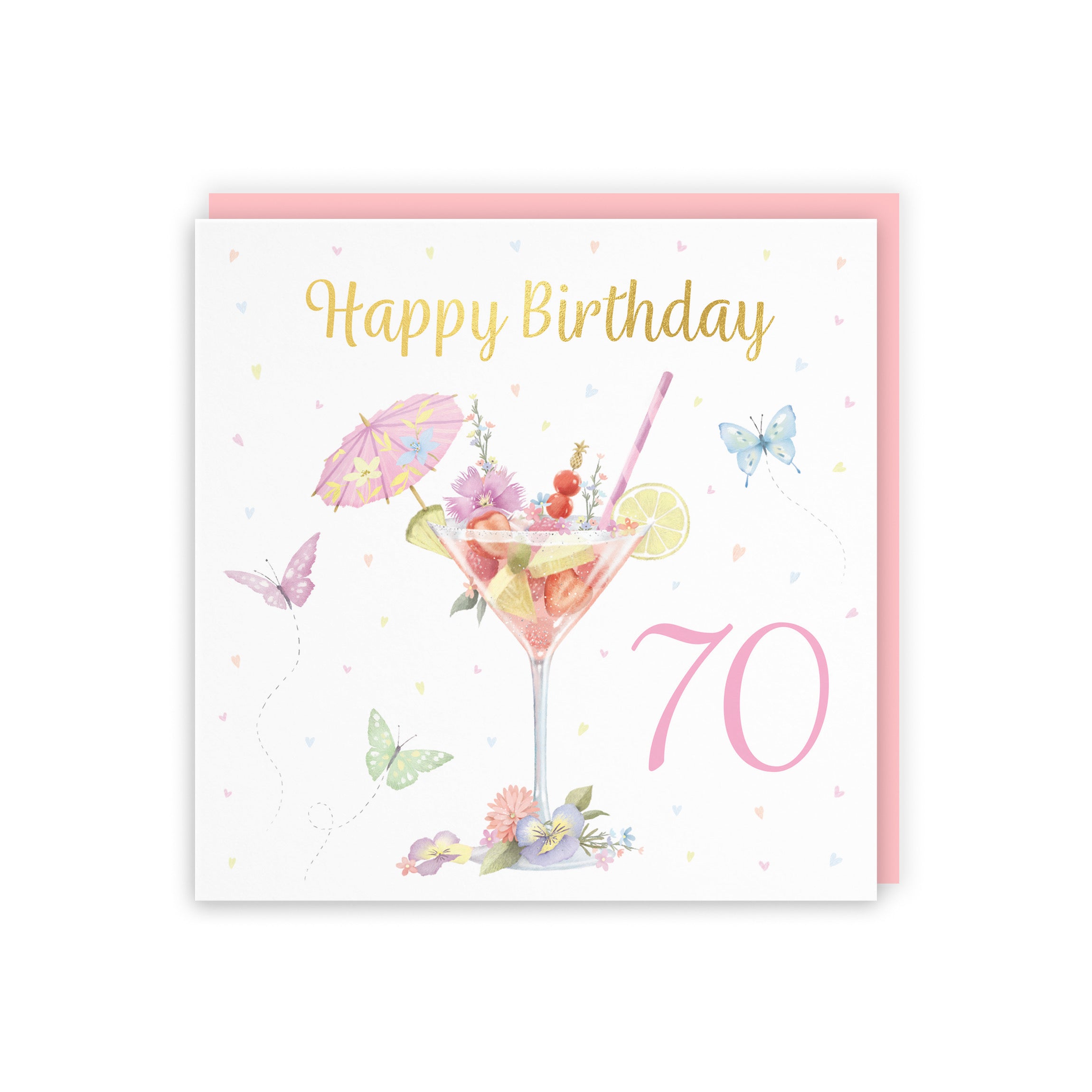 Pink Cocktail And Butterflies 70th Birthday Card Gold Foil Milo's Gallery - Default Title (B0CX22K5XR)