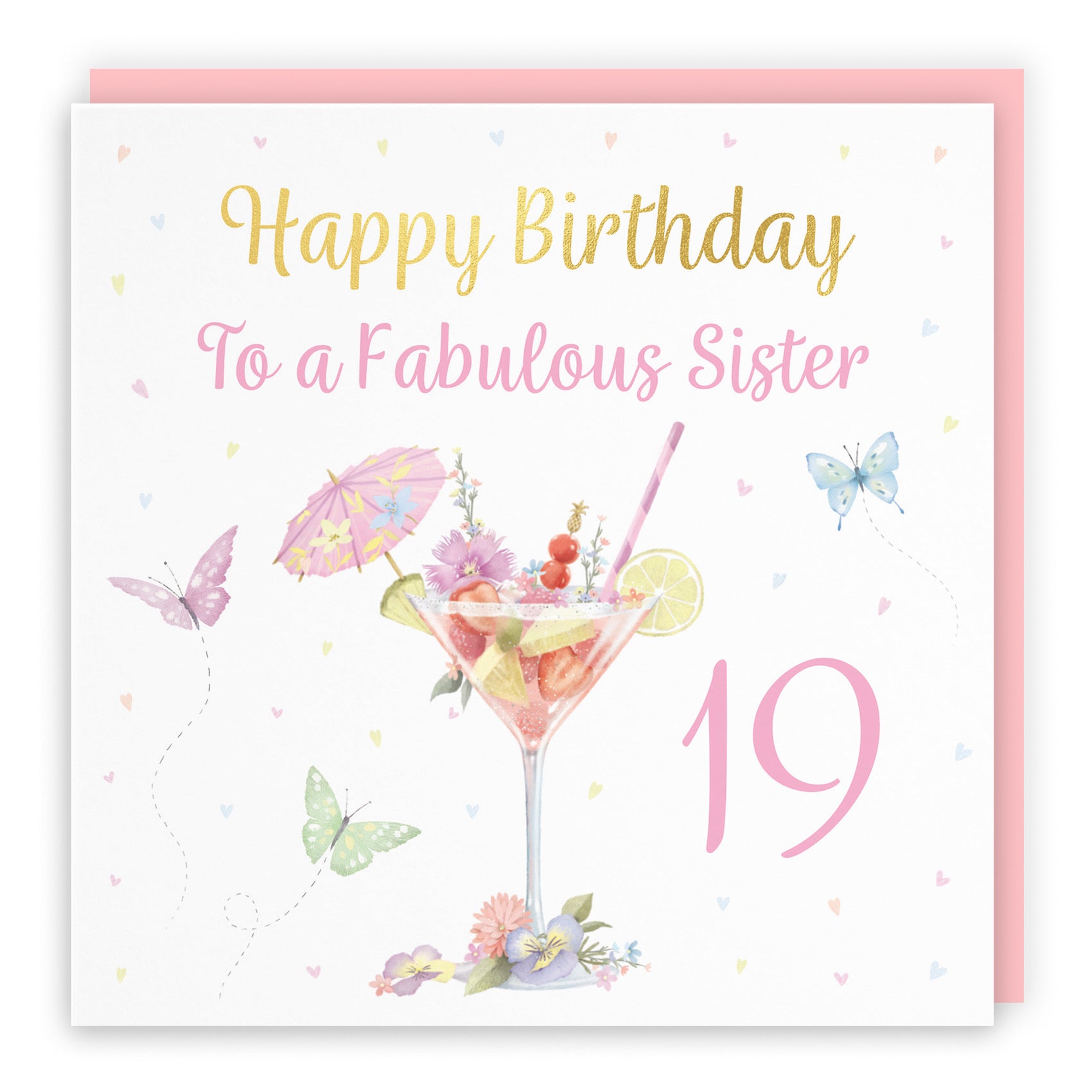 19th Sister Pink Cocktail And Butterflies Birthday Card Gold Foil Milo's Gallery - Default Title (B0CX22N9PK)