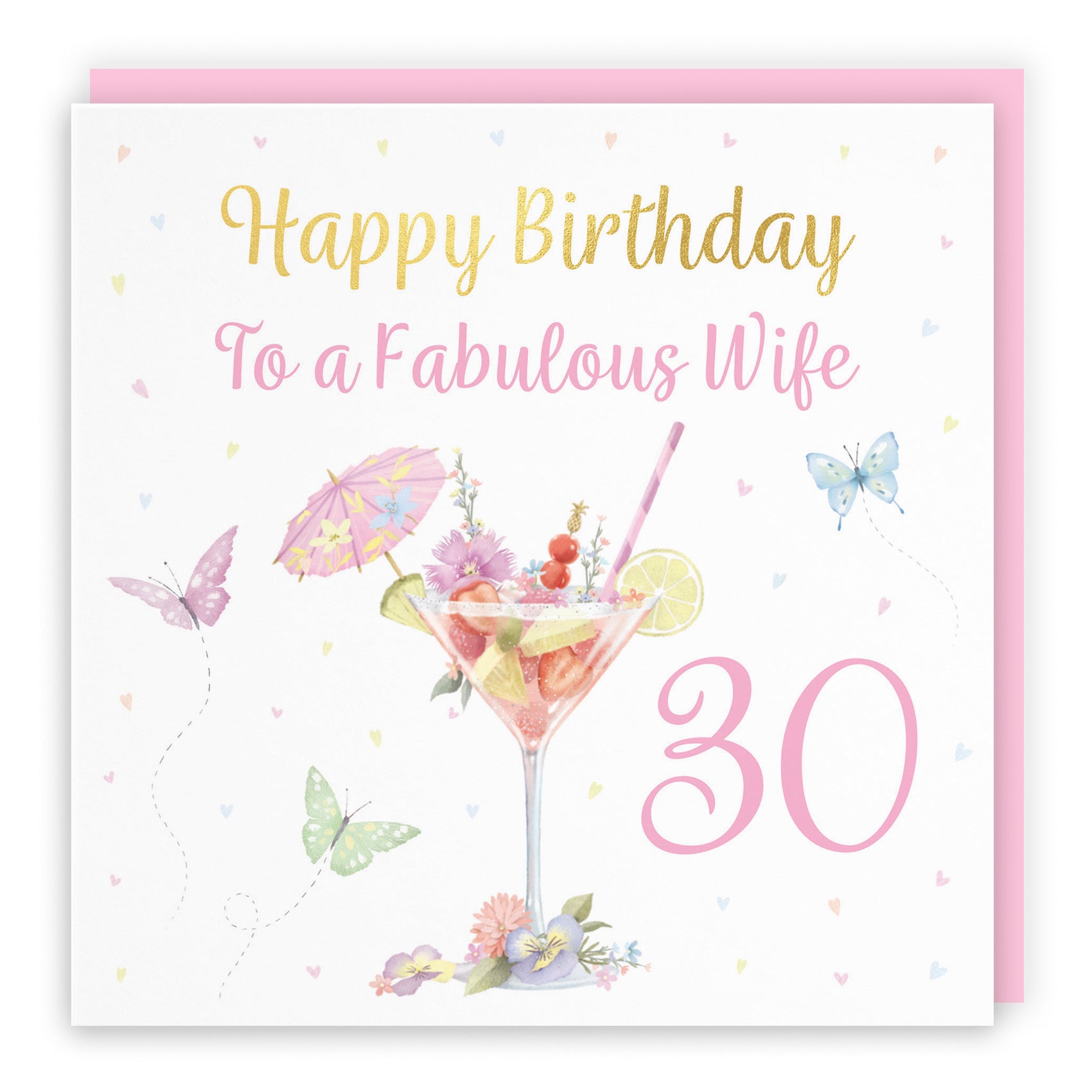 30th Wife Pink Cocktail And Butterflies Birthday Card Gold Foil Milo's Gallery - Default Title (B0CX22SPCW)