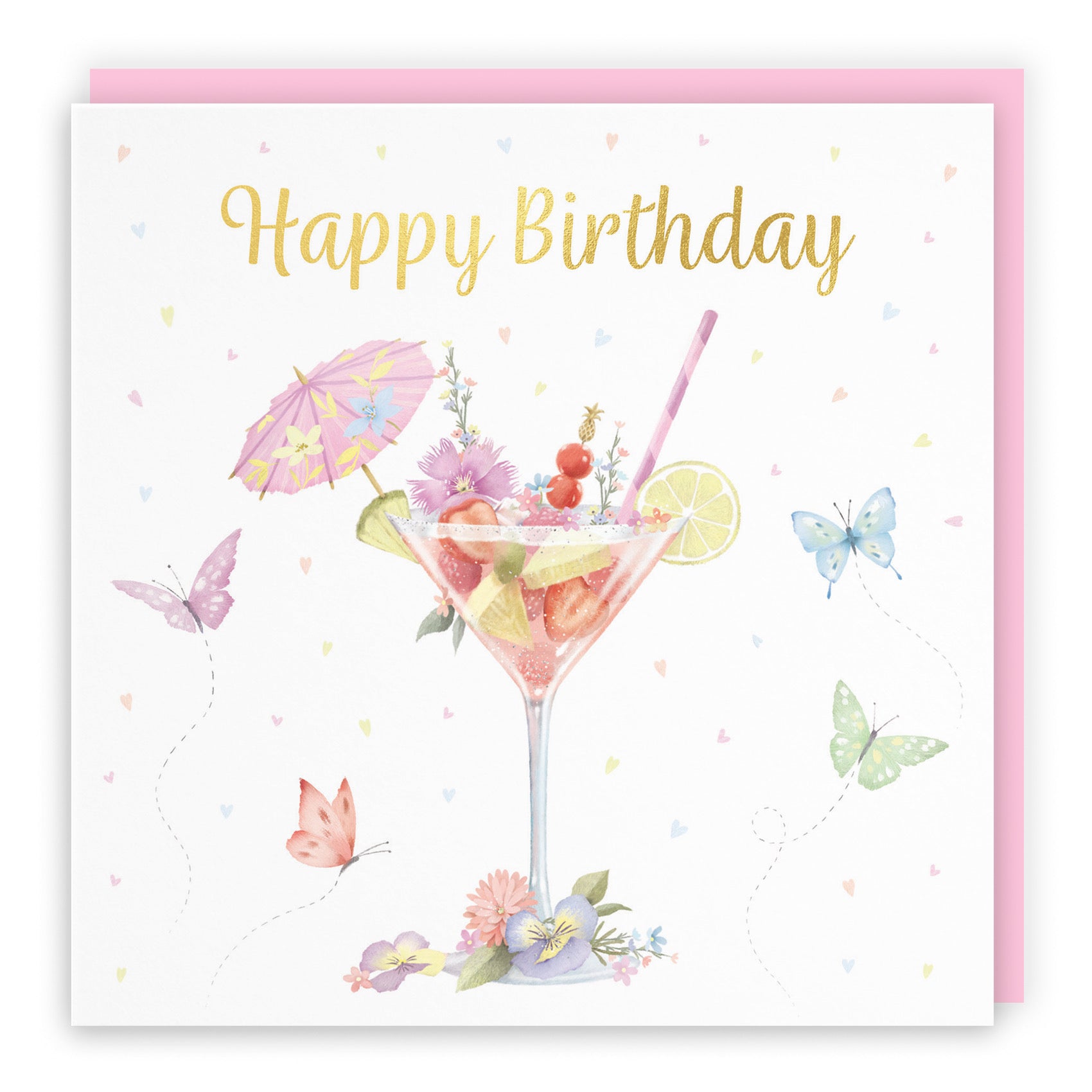 Pink Cocktail And Butterflies Birthday Card Gold Foil Milo's Gallery - Default Title (B0CX22W95H)