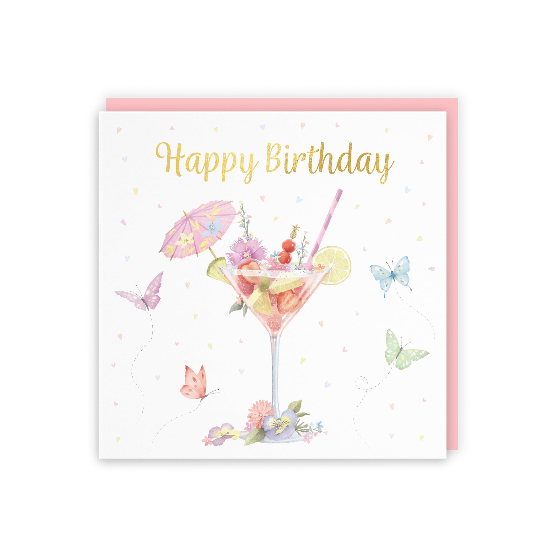 Pink Cocktail And Butterflies Birthday Card Gold Foil Milo's Gallery - Default Title (B0CX22W95H)