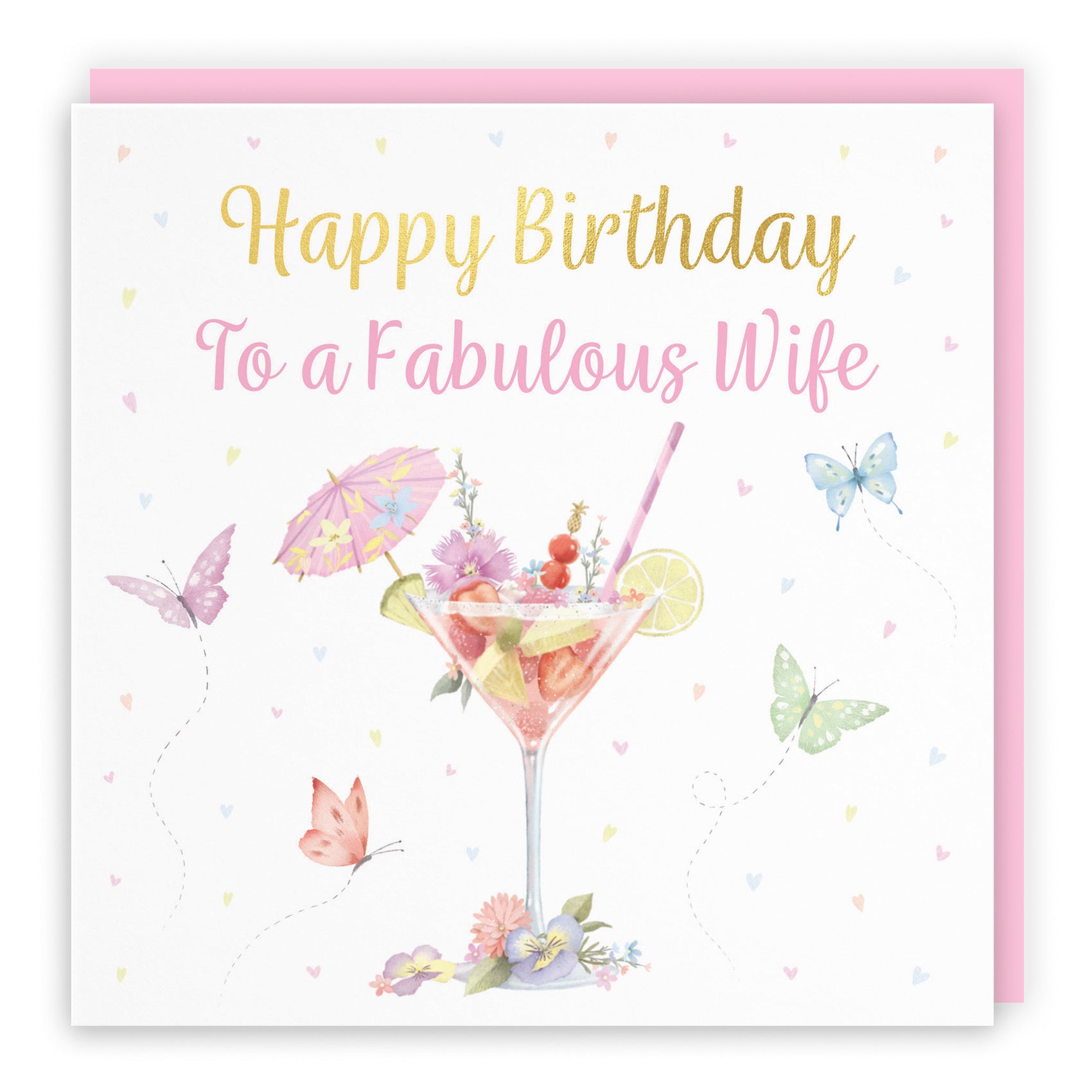 Wife Pink Cocktail And Butterflies Birthday Card Gold Foil Milo's Gallery - Default Title (B0CX22YZ9C)
