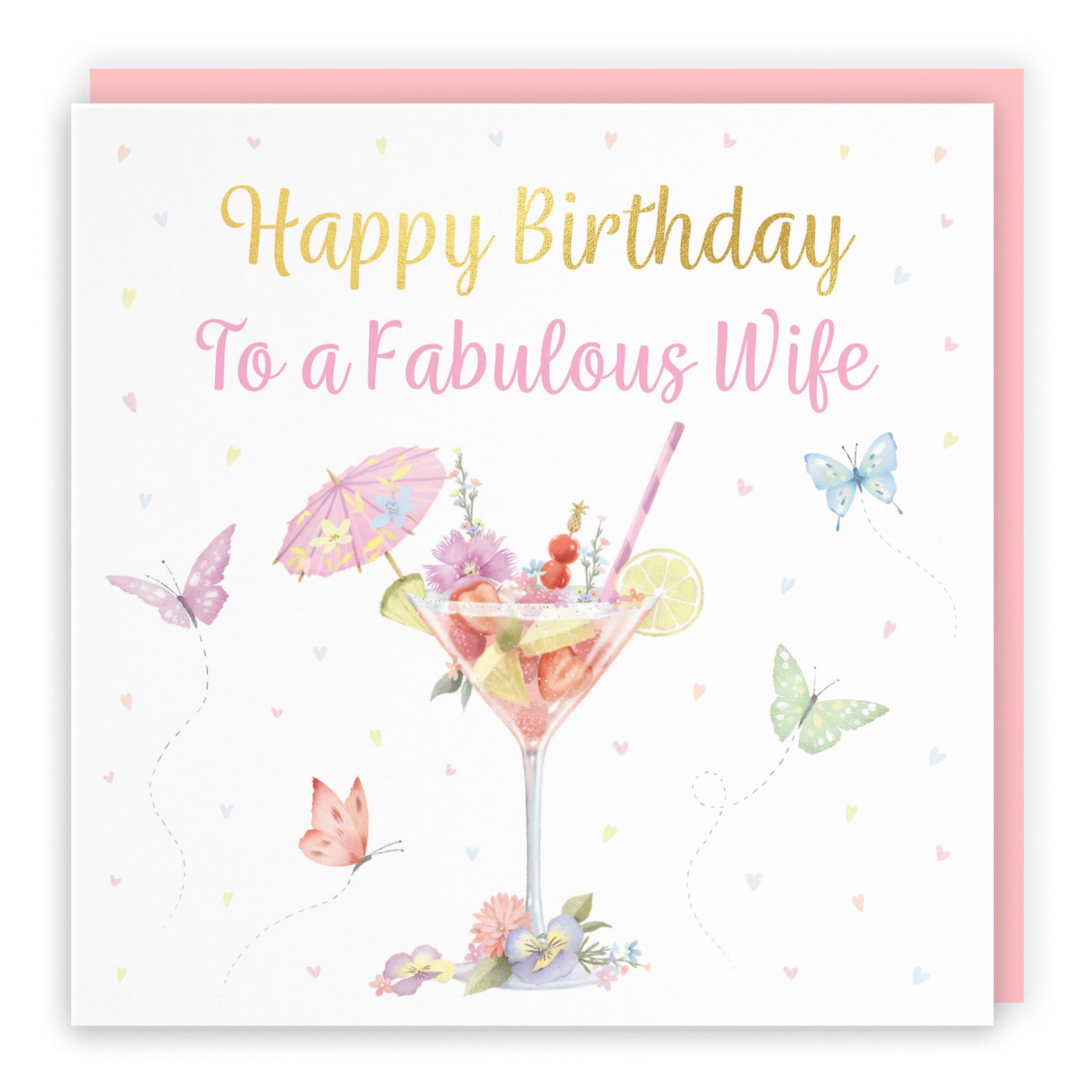 Wife Pink Cocktail And Butterflies Birthday Card Gold Foil Milo's Gallery - Default Title (B0CX22YZ9C)