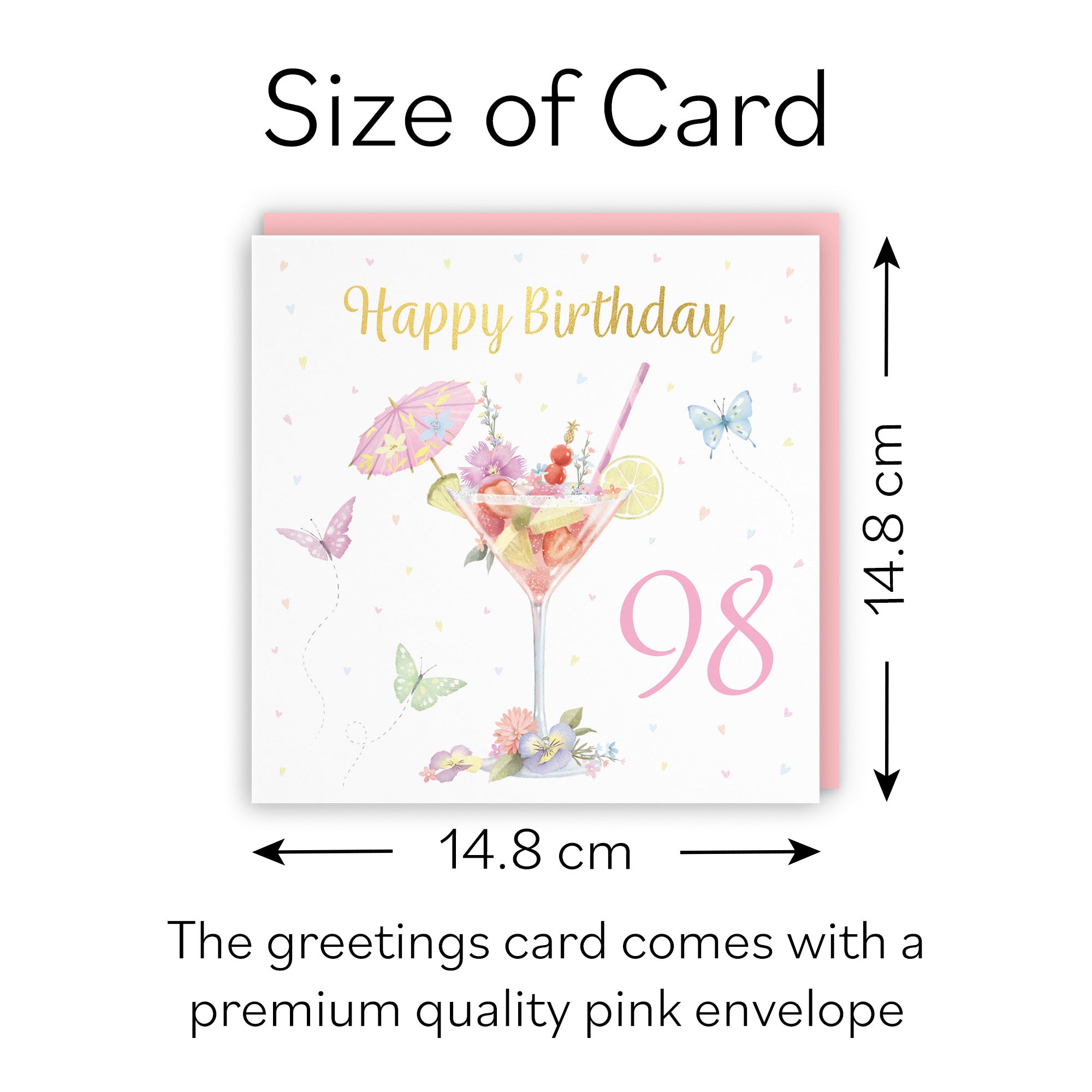 Pink Cocktail And Butterflies 98th Birthday Card Gold Foil Milo's Gallery - Default Title (B0CX232C9K)