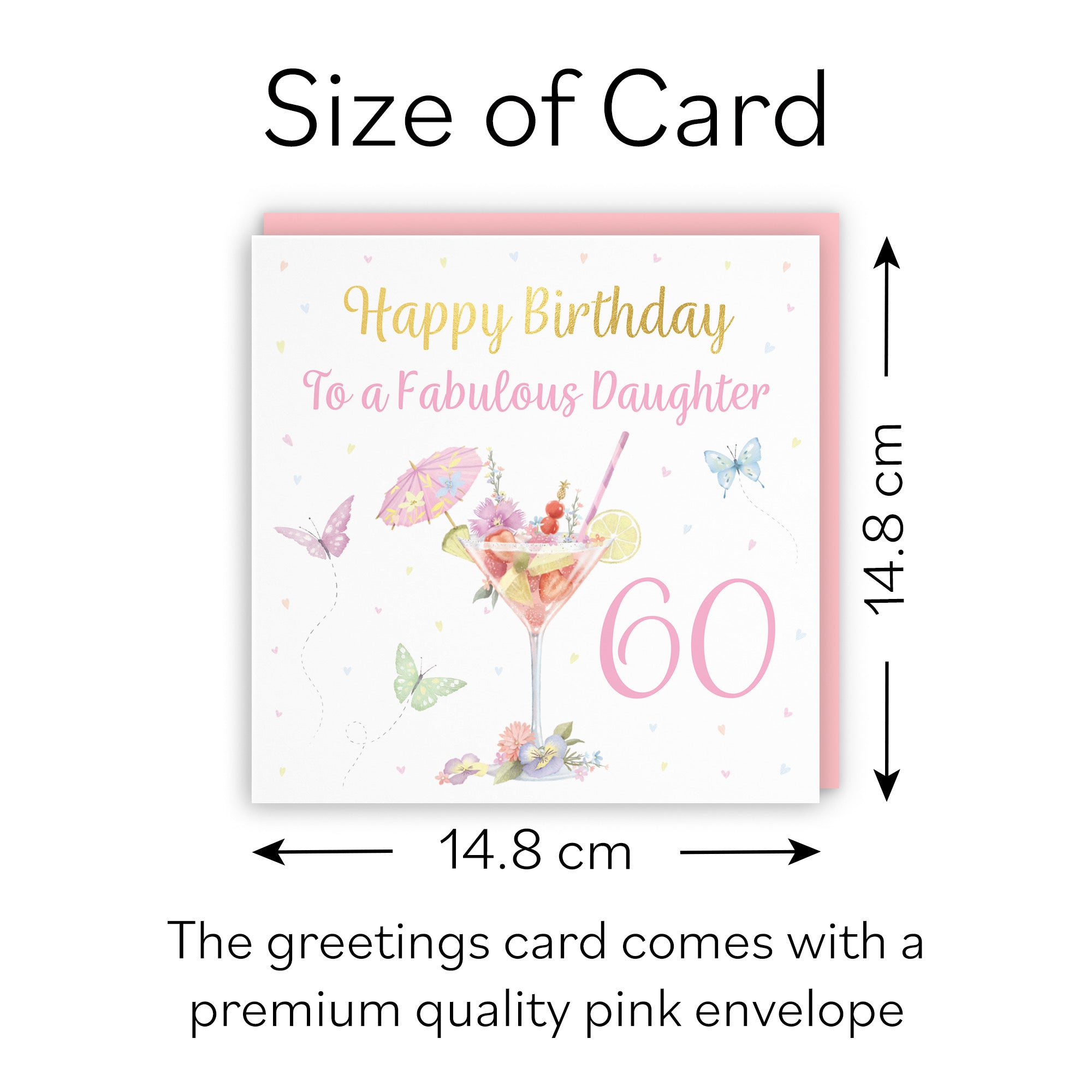 60th Daughter Pink Cocktail And Butterflies Birthday Card Gold Foil Milo's Gallery - Default Title (B0CX239SMN)