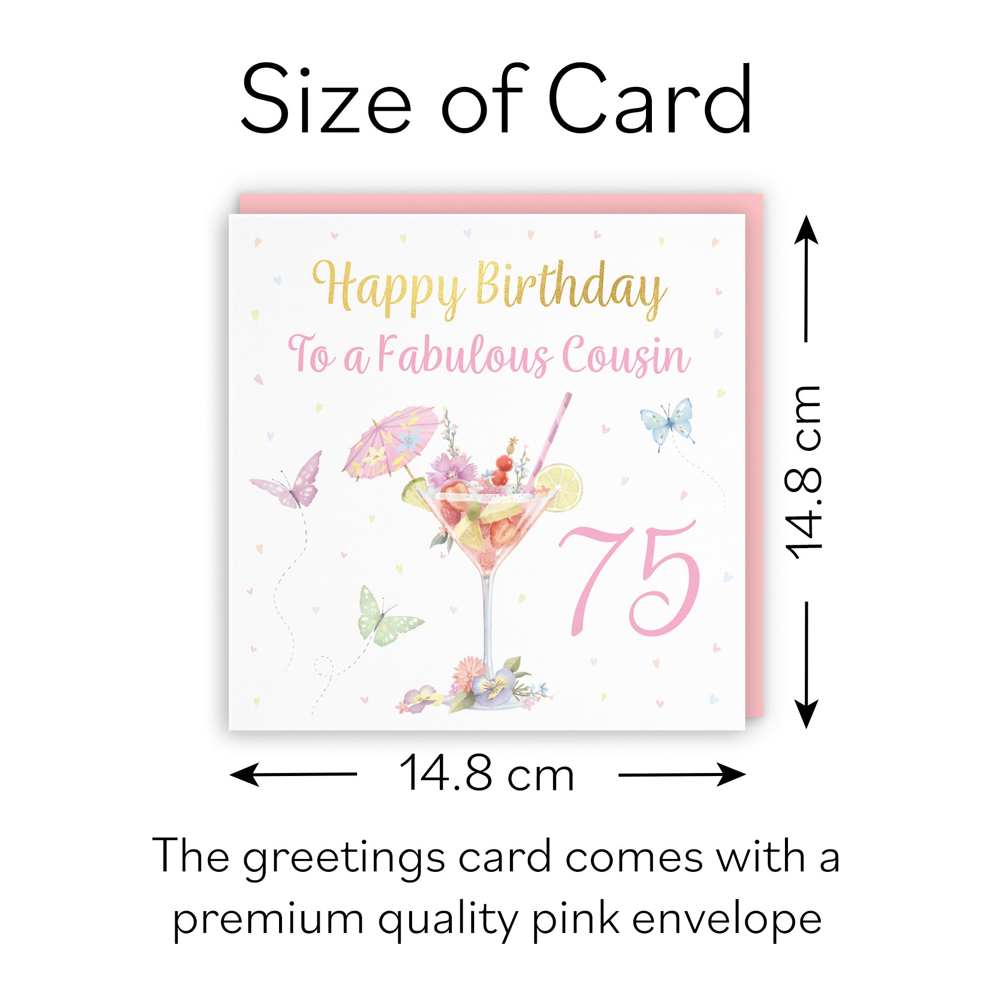 75th Female Cousin Pink Cocktail And Butterflies Birthday Card Gold Foil Milo's Gallery - Default Title (B0CX23D6DD)