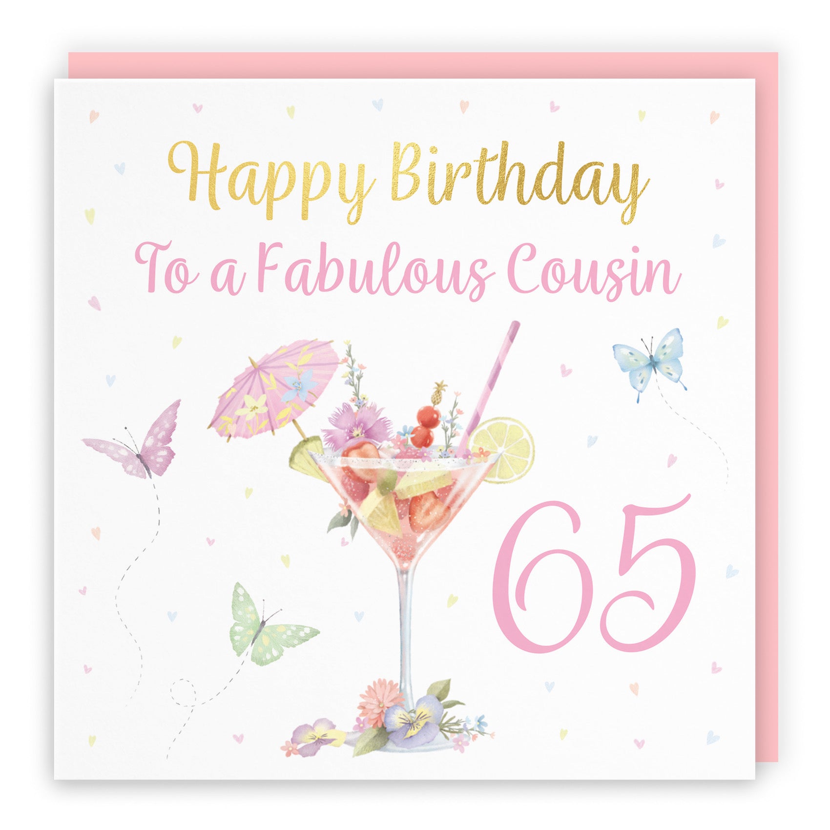 65th Female Cousin Pink Cocktail And Butterflies Birthday Card Gold Foil Milo's Gallery - Default Title (B0CX23DLC8)